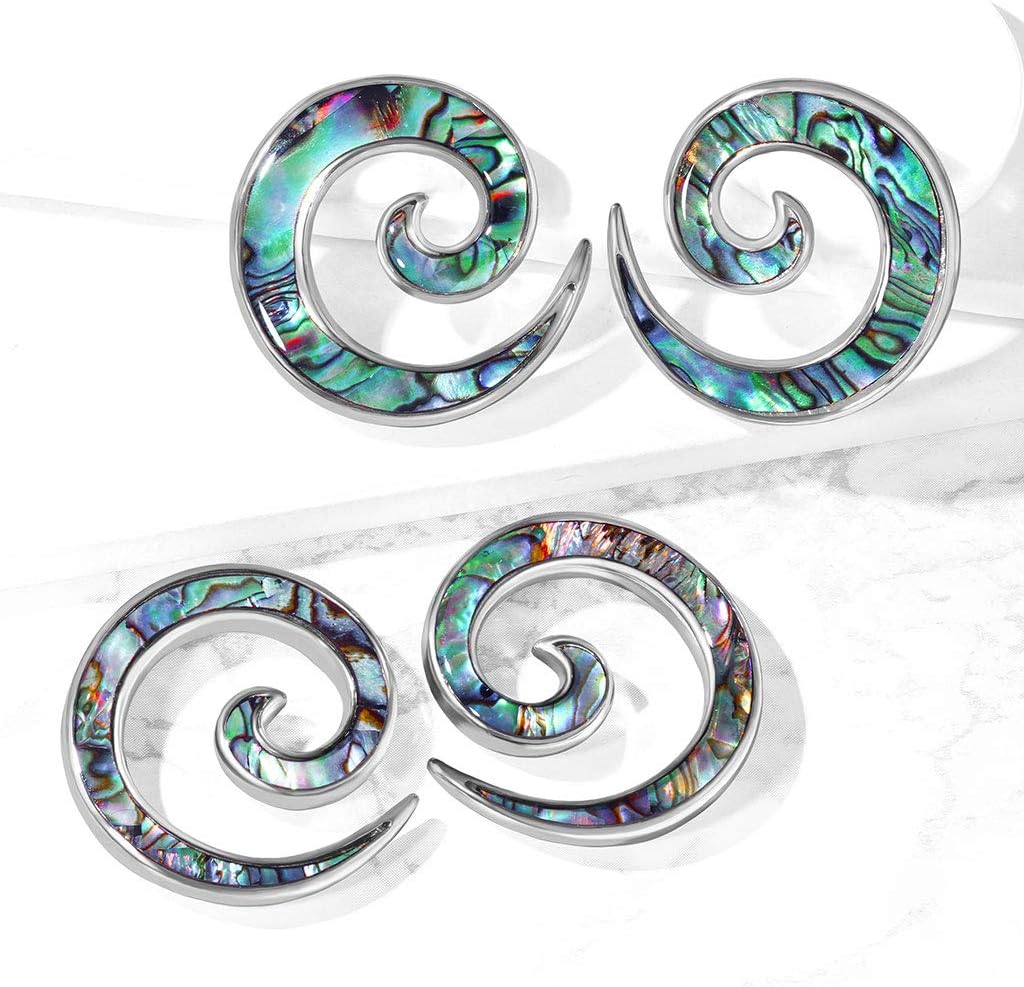 Covet Jewelry Pair of Abalone Inlaid Stainless Steel Spiral Tapers