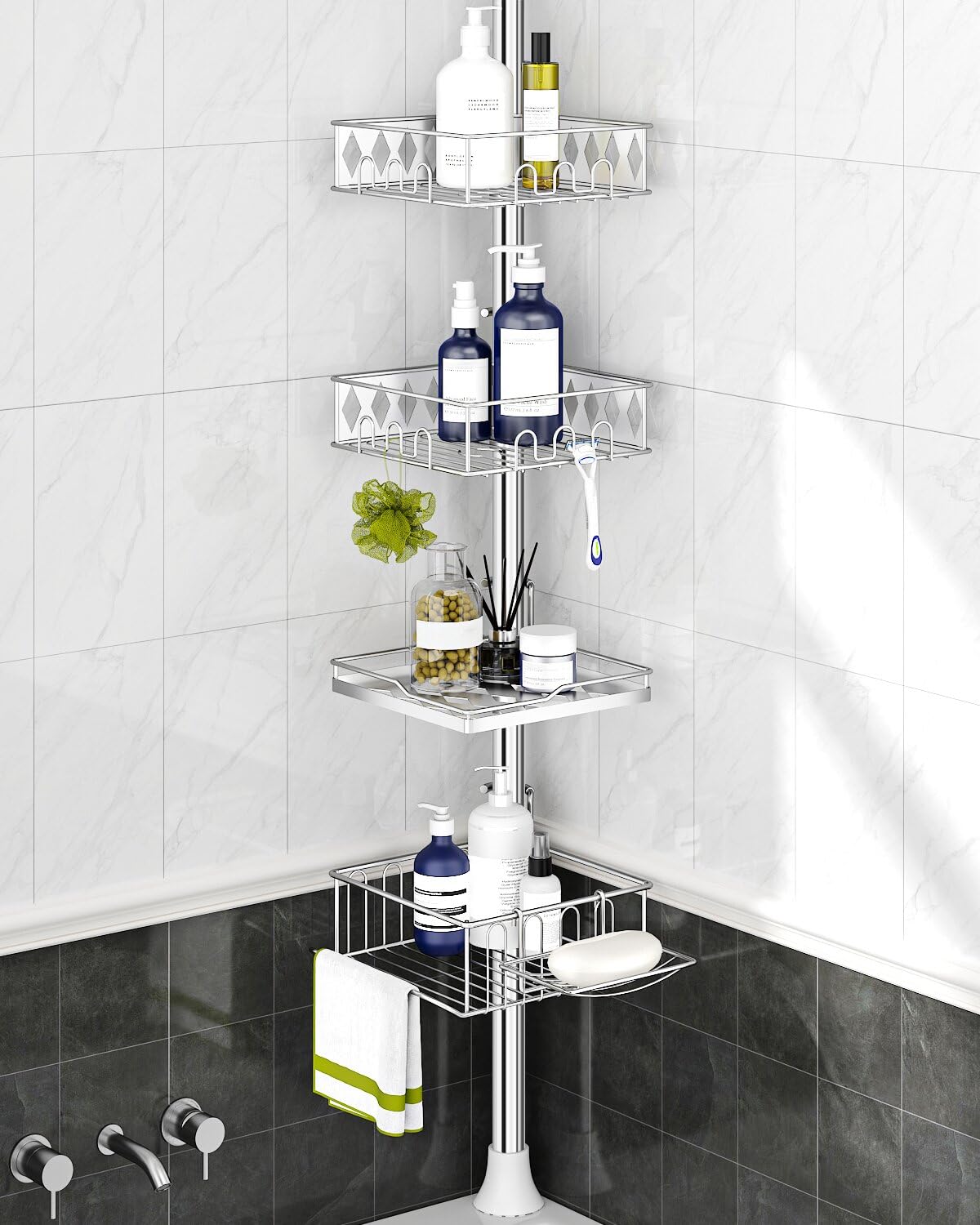 SEIRIONE Corner Shower Caddy Tension Pole 34 to 116 Inch Height 4 Adjustable Shelves Chrome