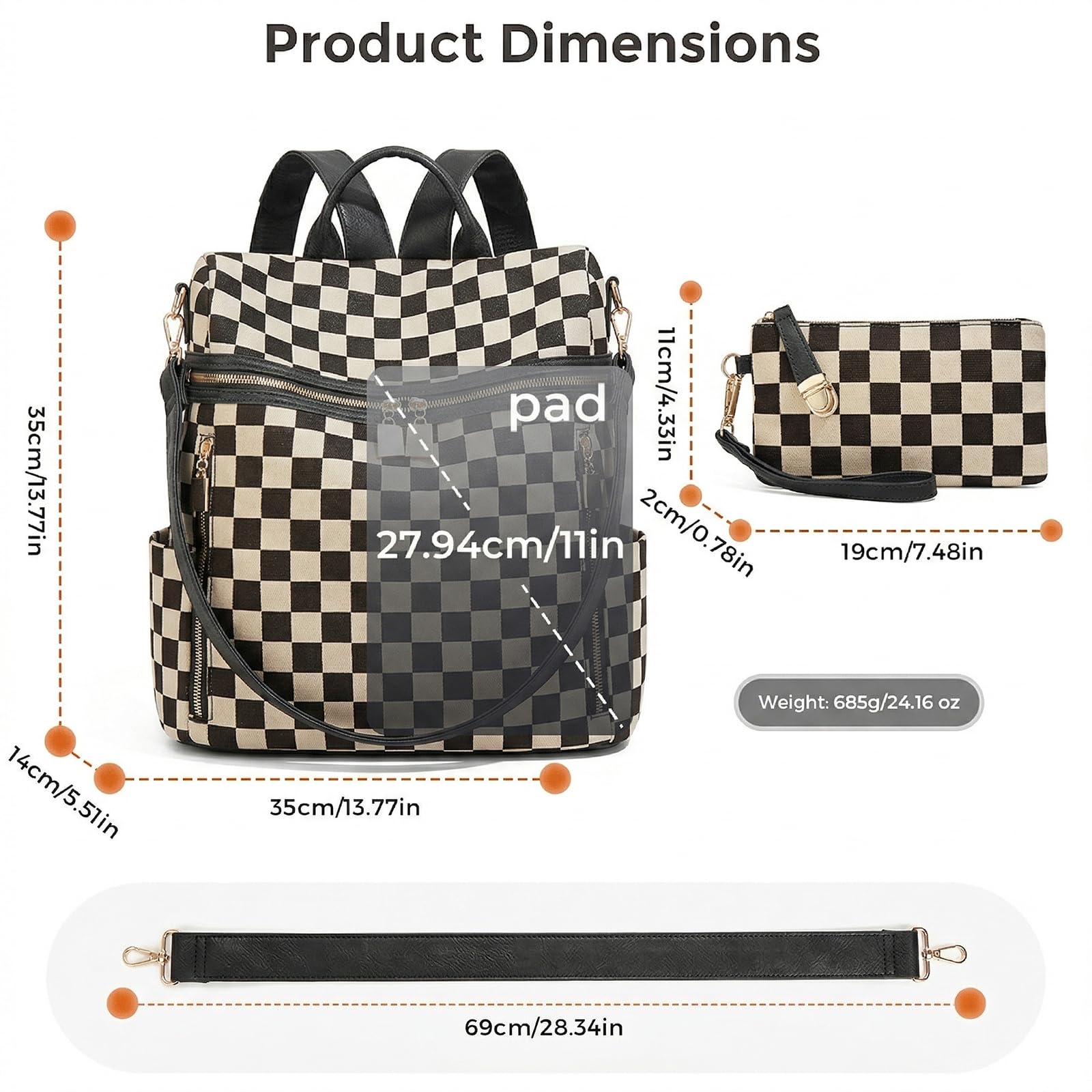 Zaino a quadri da donna piccolo zaino con tasche multiple grande borsa tracolla regolabile da viaggio lavoro