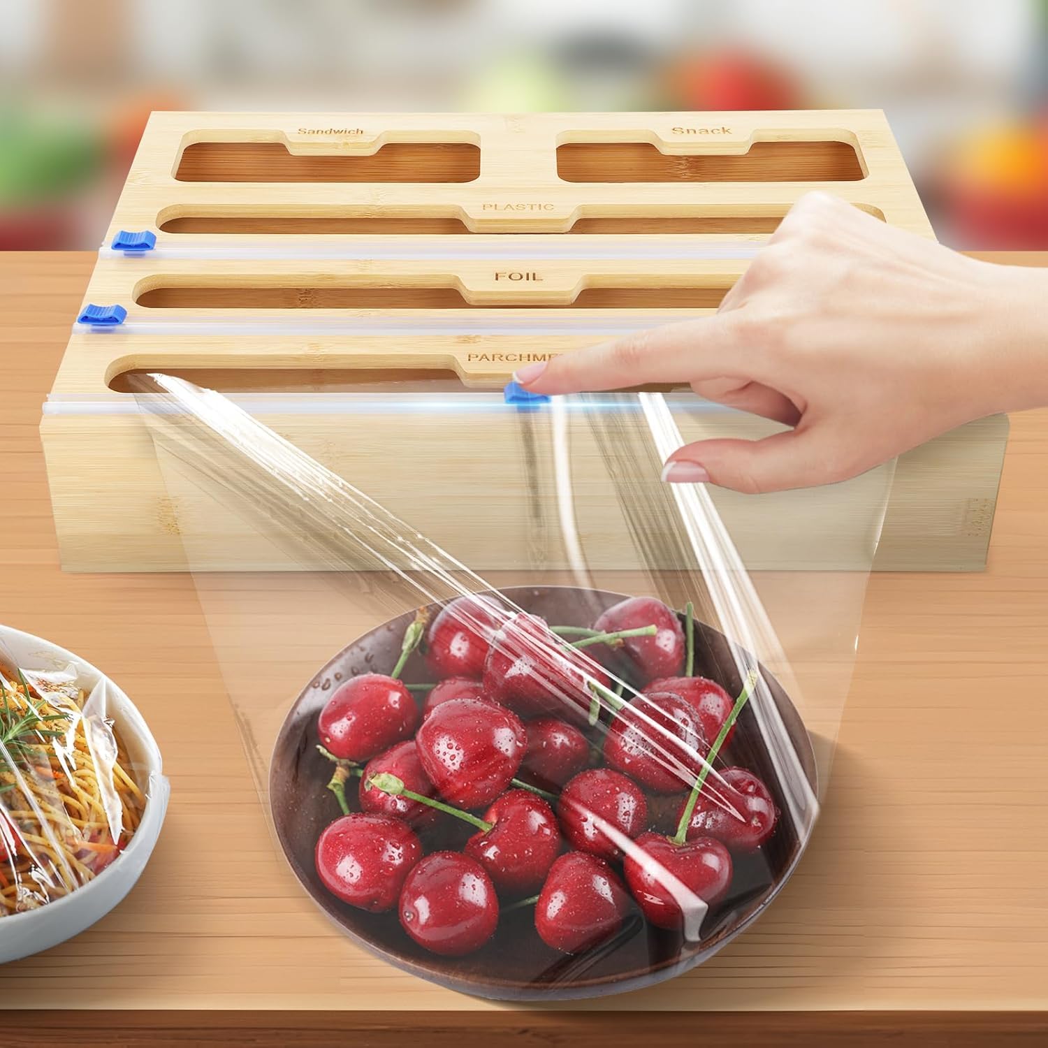 Dispensador y cortador de película adhesiva de bambú para cajón de cocina, organizador de aluminio, 40 cm, fácil acceso y desgarro