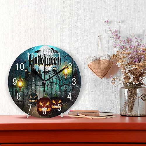 Miniatura 2 de ALAZA Decoración para el hogar, Feliz Halloween, búho en árbol, luna, noche, castillo, redondo, acrílico, 9.5 pulgadas, reloj de pared, sin tictac,