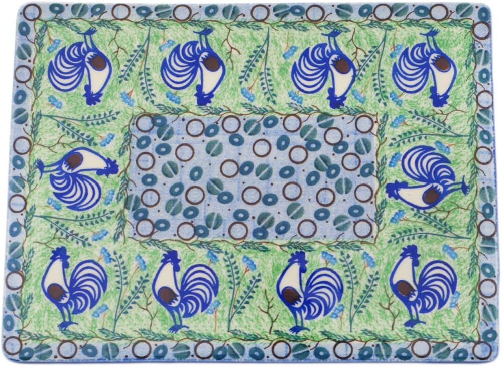 Polmedia Polish Pottery Cookie Sheet UNIKAT - Blue Rooster Pattern Handmade in Boleslawiec Poland by Ceramika Artystyczna + Certificate of Authenticity