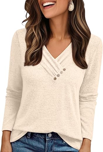 AUTOMET Womens Long Sleeve Tunic Top V Neck Button Shirts 2025 Dressy Casual Business Blouses