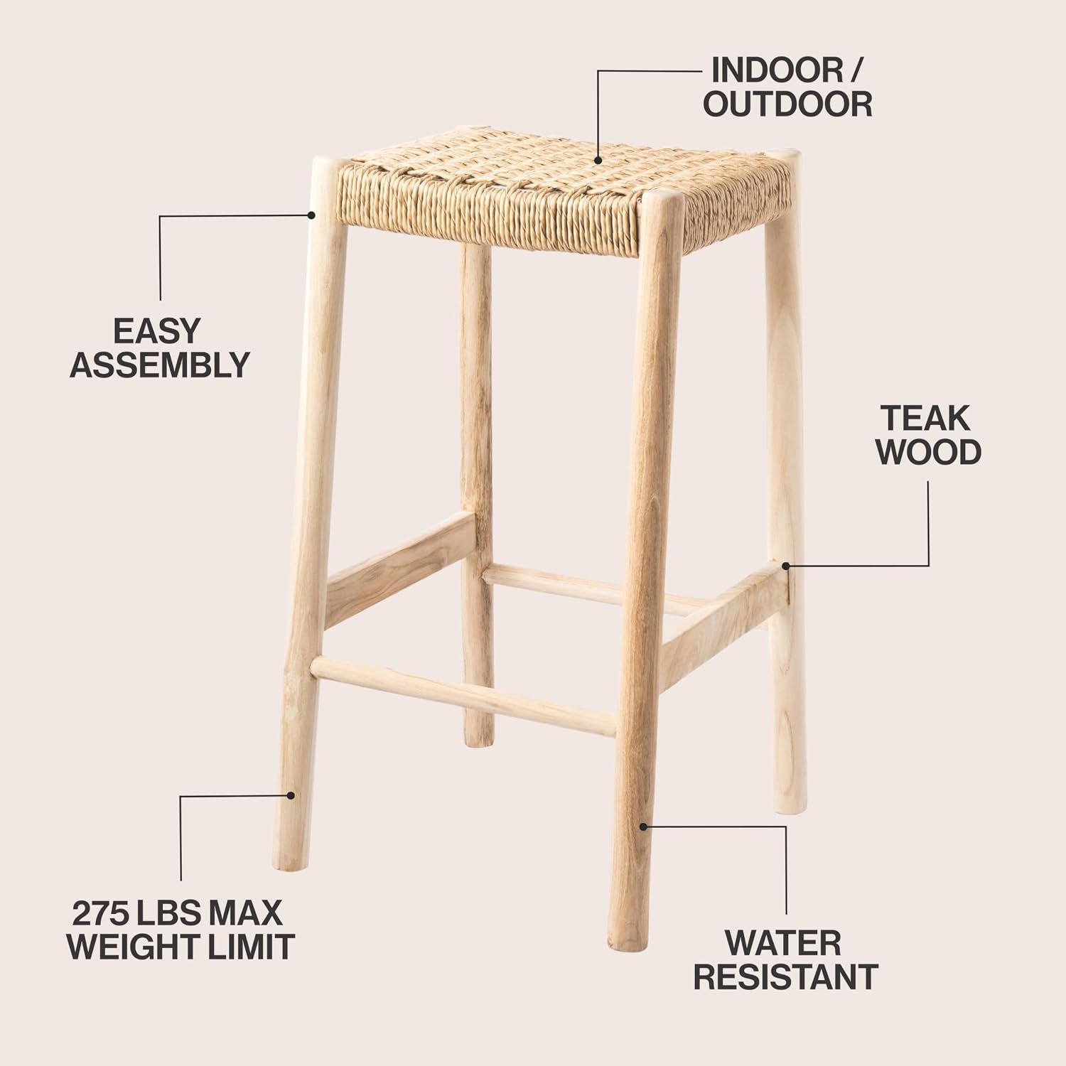 JONATHAN Y Armati Solid Teak Wood Backless 29.5" Bar Stool with Woven Synthetic Rattan Seat, Coastal Indoor Outdoor Kitchen Island Chair, Natural Finish BSL3001A