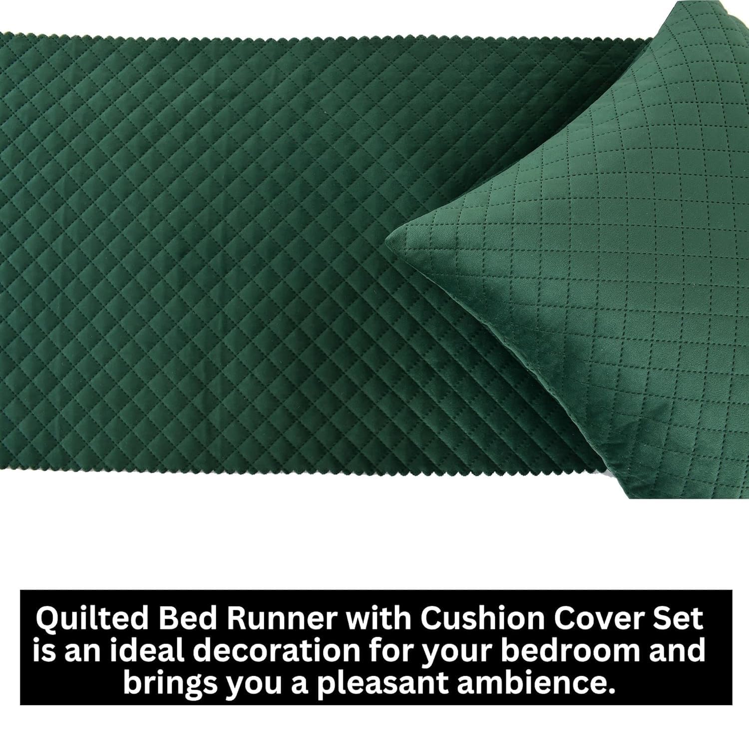 A CUBE LUXURY SOLUTION | Premium Velvet Quilted Set of Bed Runner (18 x 93 inches) and 2 Cushion Covers (16 x 16 inches) Combo Set (Green) 1