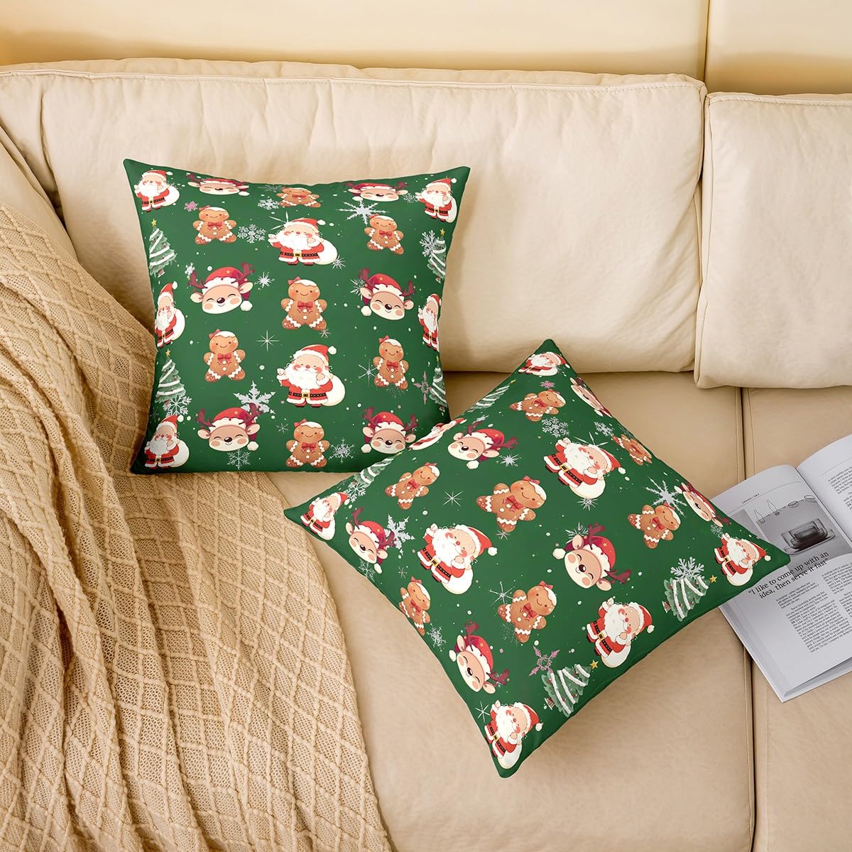 Homewish Juego de 4 fundas de almohada navideñas de 20 x 20 pulgadas, diseño de árbol de Navidad, diseño de ciervo de Papá Noel, fundas de almohada suaves para niños y niños, fundas de almohada