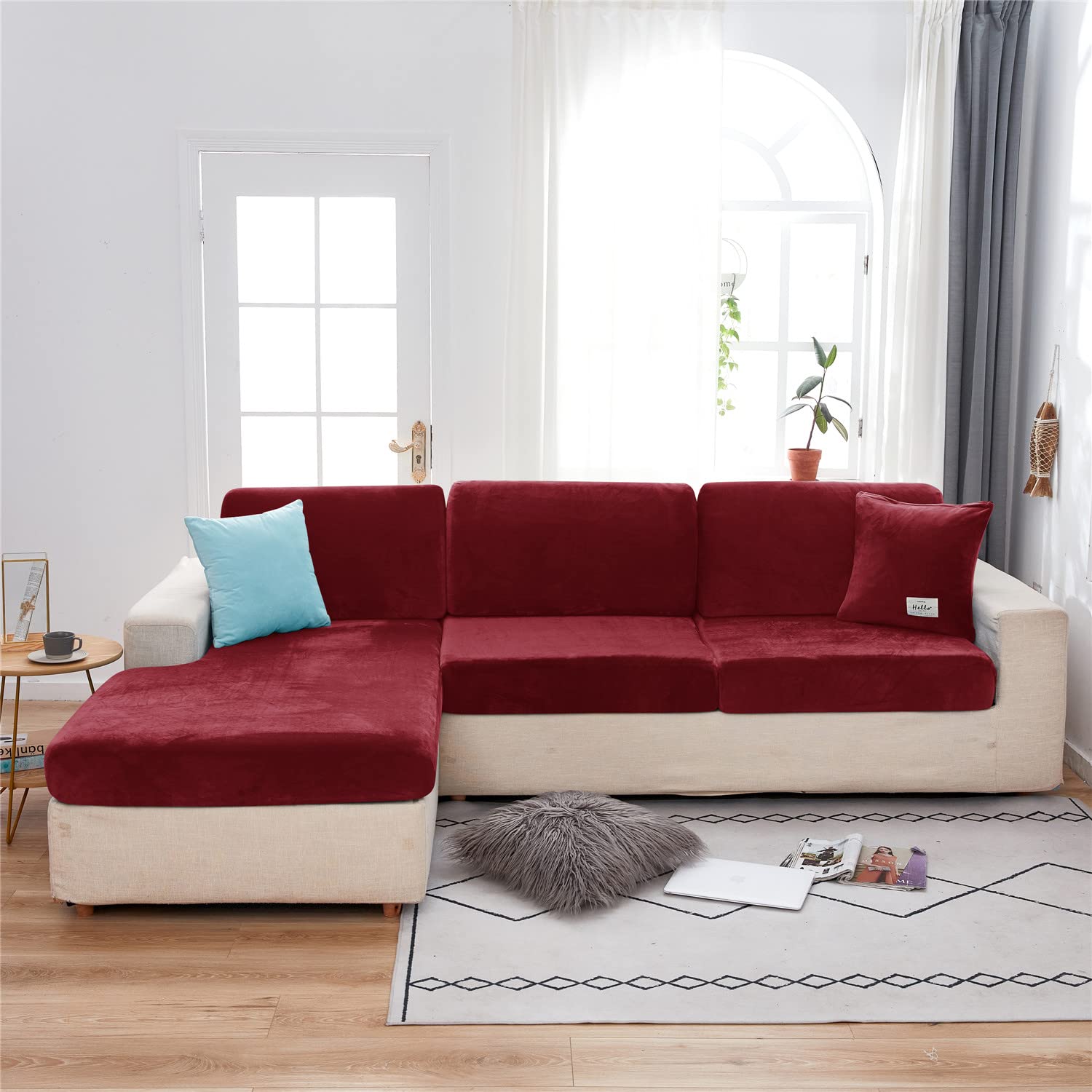 KYJSW Sofa Slipcovers Sofa Cover Polyester Velvet Fabric Stretch Non-slip Washable Seat Covers Independent Replacement Sofa Cushion Covers (Red,1-Seater)