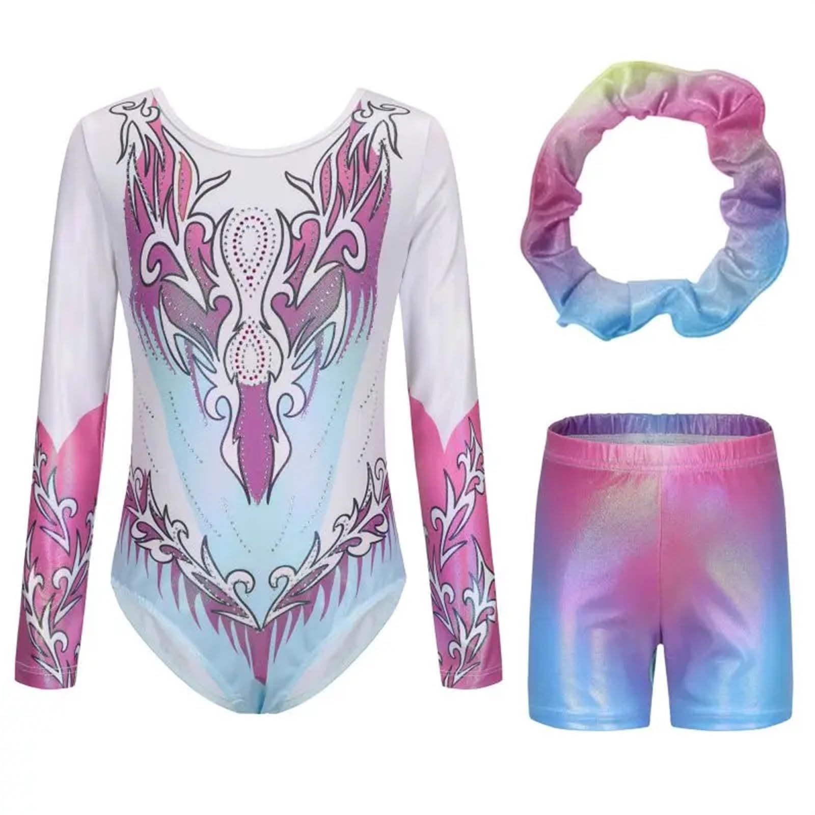 Turnanzug Mädchen Kurzarm Ballettanzug-Set, langärmelig, glitzernder Tumbling-Bodysuit mit Shorts, Stirnband-Set, Performance-Kostüm for Mädchen(Color1,7-8Y)