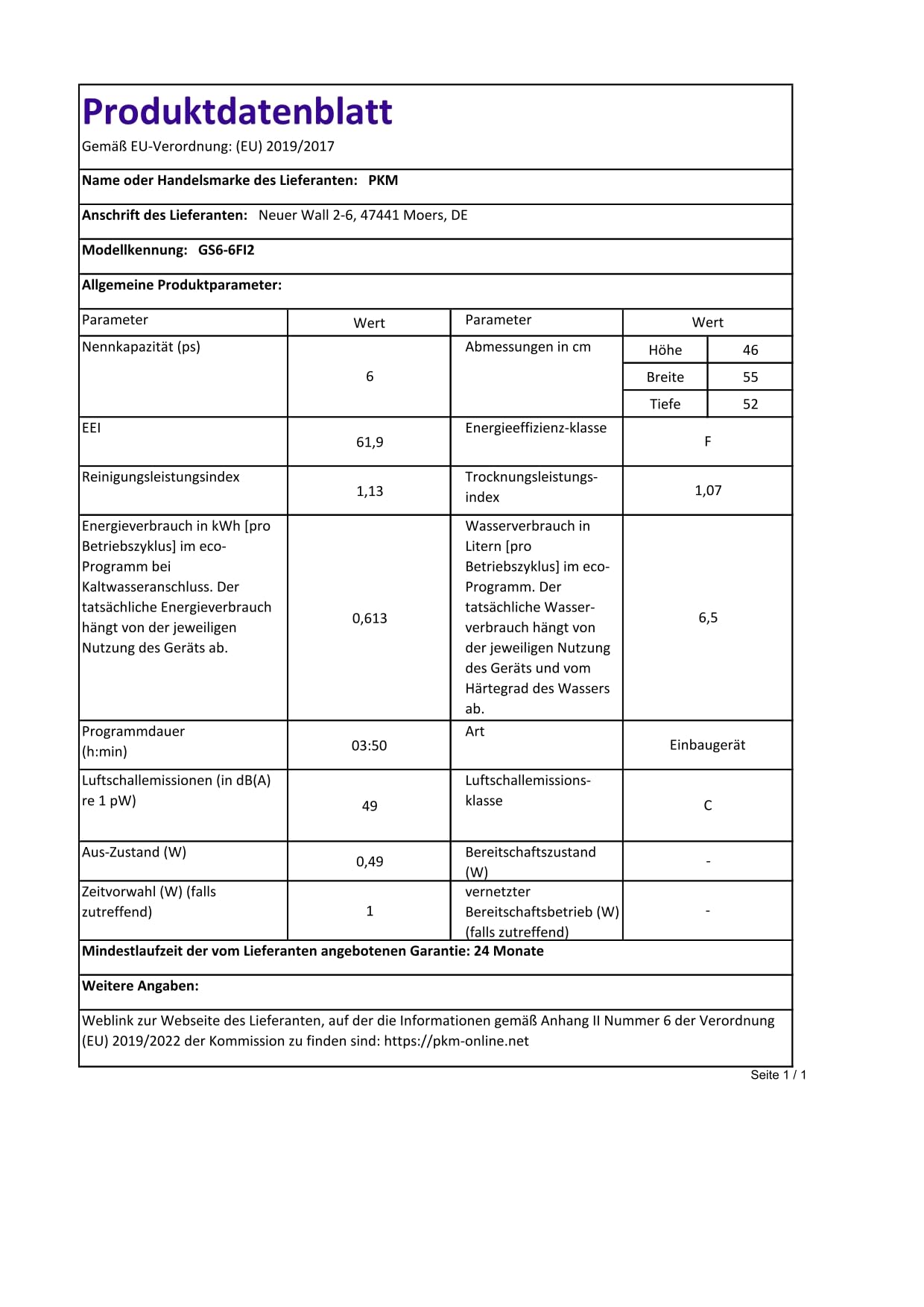 PKM Einbau Geschirrspüler GS6-6FI2 | Vollintegriert | Platz für 6 Gedecke | Startzeitvorwahl | 6 Programme | Höhe 46 cm | Breite 55 cm | Überlaufschutz