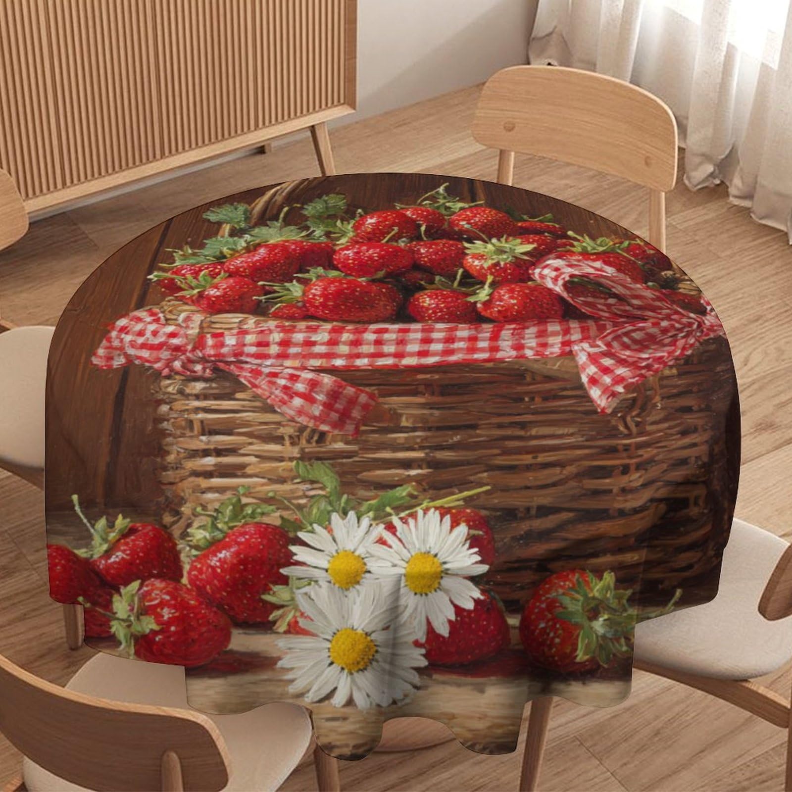 LUYYSKY Vintage Classic Fruit Strawberry Round Tablecloth Rustic Watercolor Wooden Board Daisies Flowers Strawberry Washable Decor for Table Cover for Kitchen-152.4" Wx152.4 L cm