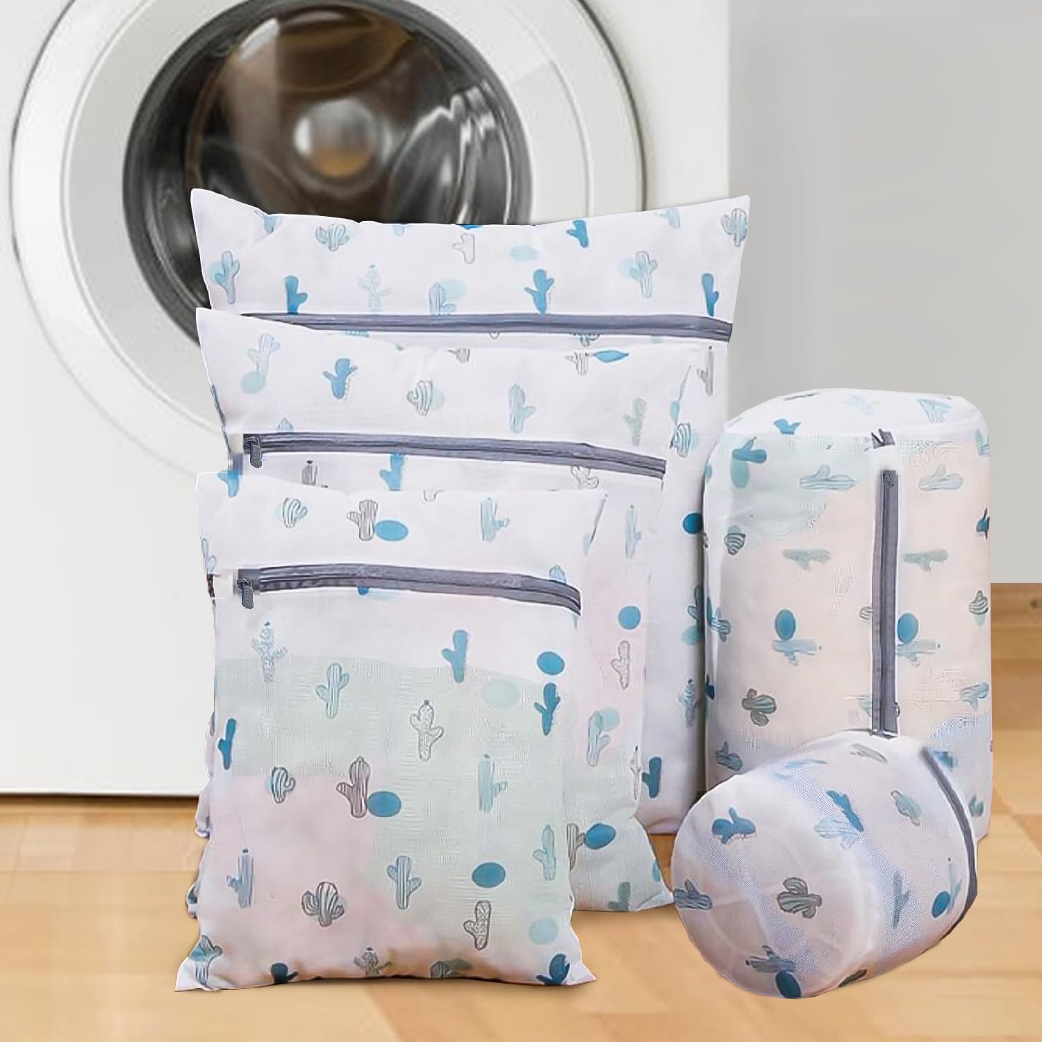 Clothes Washing Bags, 5 Sizes, Mesh Laundry Bag with Zipper, Lingerie Bags for Washing Delicates, Reusable for Underwear, Tops, Socks, Pants, Sweaters, Bras and Baby Clothes, White
