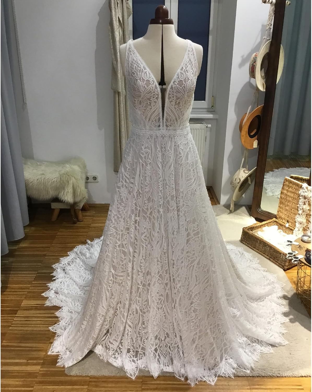 WIOJEIGO Women's Lace Boho Wedding Dress for Bride with Double Shoulders 2025 Bohemian Long A-Line Beach Bridal Gowns