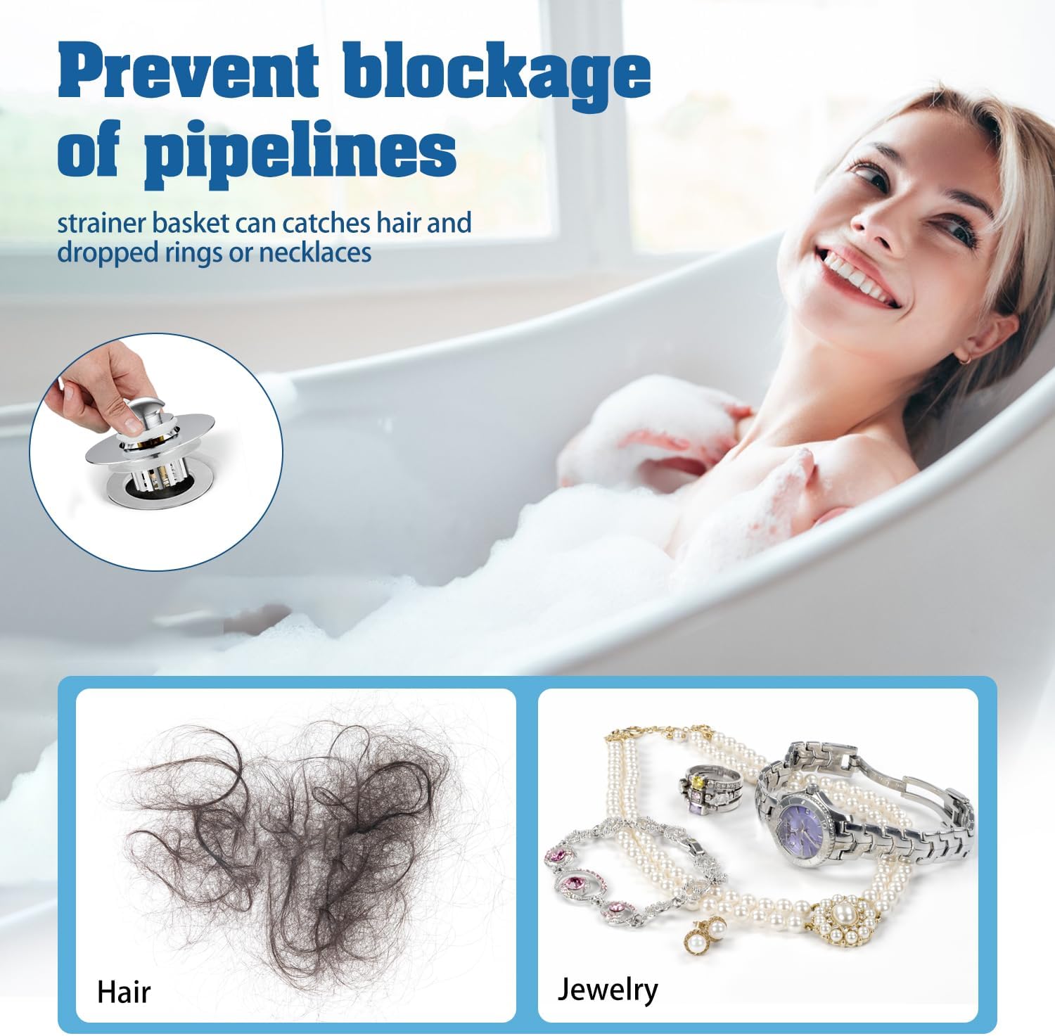 3-in-1 Pop Up Tub Drain Plug, Bathtub Drain Stopper, Bathtub Plug Drain Stopper, Tub Stopper, Anti-Clogging, for 1.42"-1.97" Drain HOL - Image 5