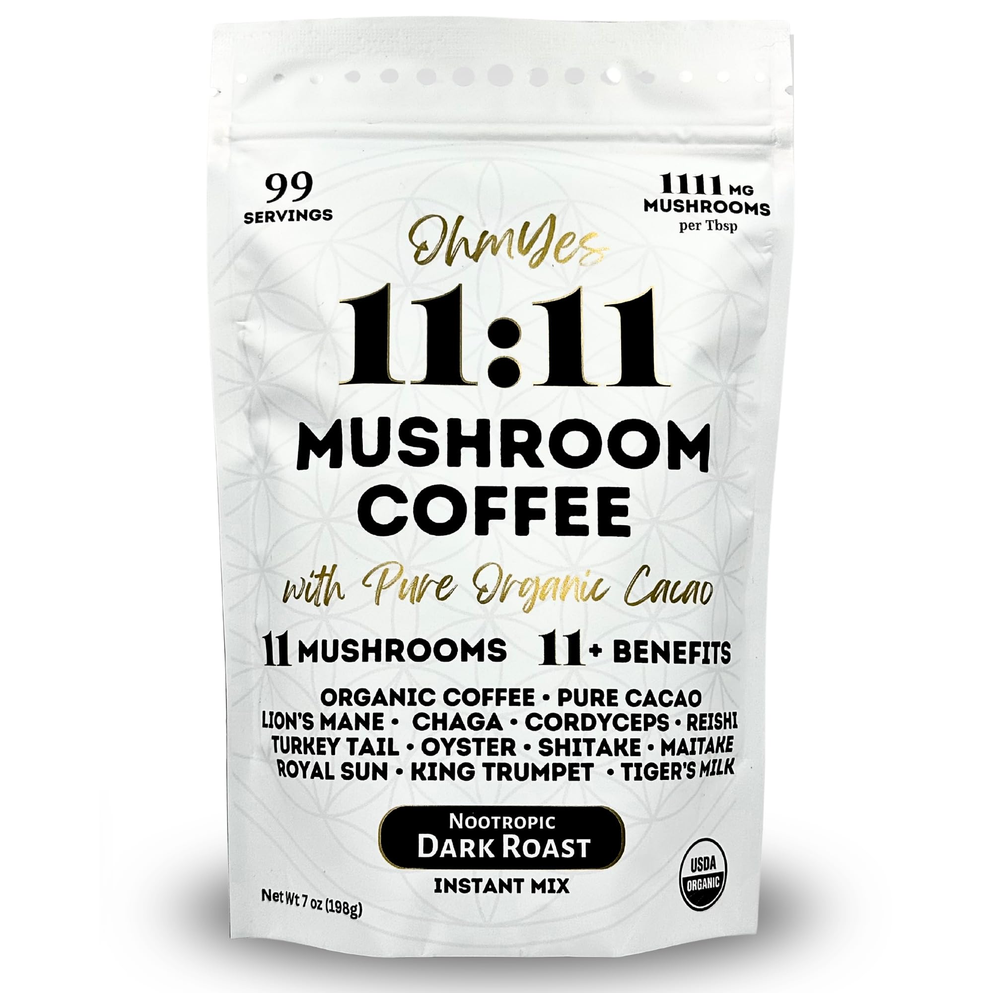Ohmyes 11 Mushroom Coffee with Cacao – 11 USA Grown Adaptogenic Mushrooms for Focus, Clarity & Energy – Lion’s Mane, Reishi, Chaga + Nootropic Organic Superfood by OhmYes (7oz) - 99 ServingsUSDA Organic