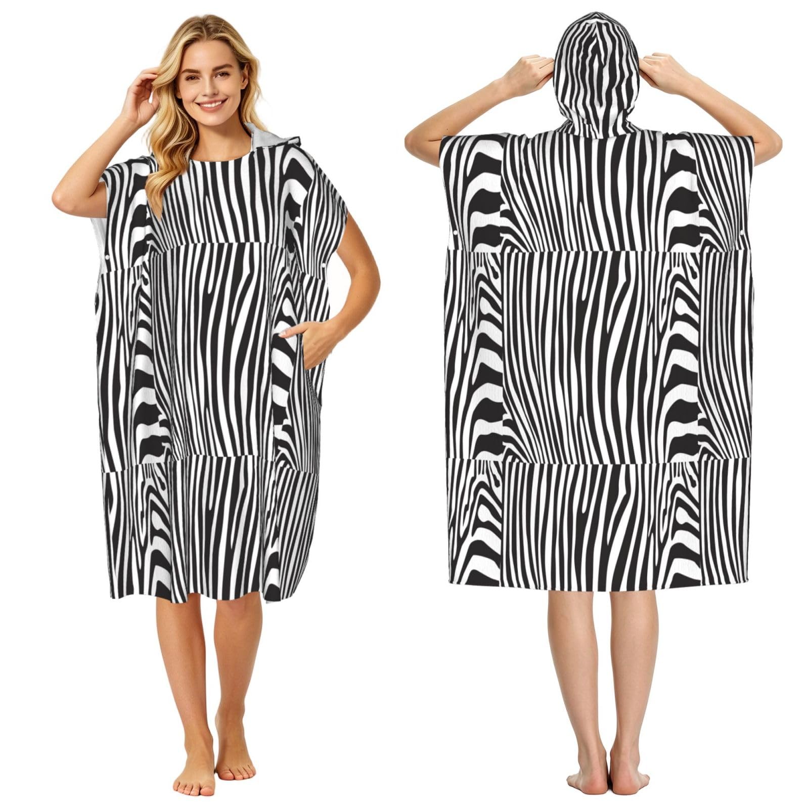 Poadnly Animal Zebra, Adult Hooded Beach Towel 90 x 110 cm,Changing Bath Robe, Surf Poncho Towel For Women Men