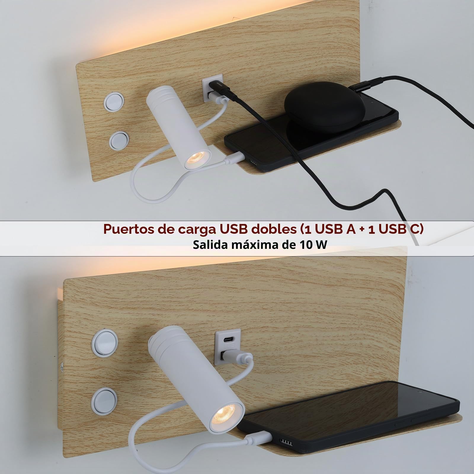 Alpinaluz Aplique LED de Pared con Luz de Lectura Orientable y Ambiental 2700K, Interruptor Dual, Doble Puerto de Carga USB, Repisa, Metal con Efecto Madera Beige Claro, Foco