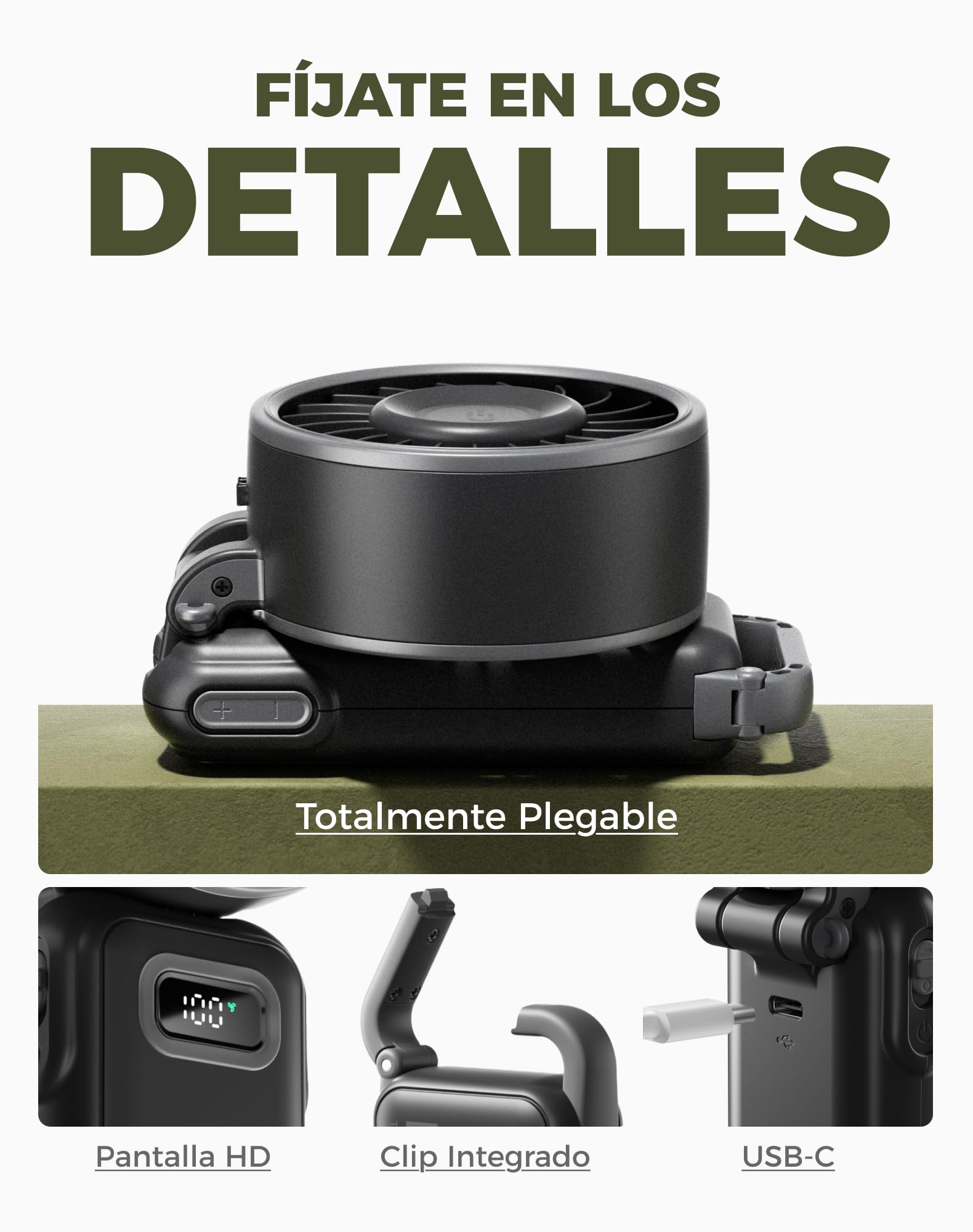 Diveblues - Ventilador Portátil de Mano Plegable con Batería - para Mano, Escritorio y Cuello - 100 Velocidades Ajustables y hasta 12h de Autonomía - Ideal para Viajar, Playa, Camping y Oficina