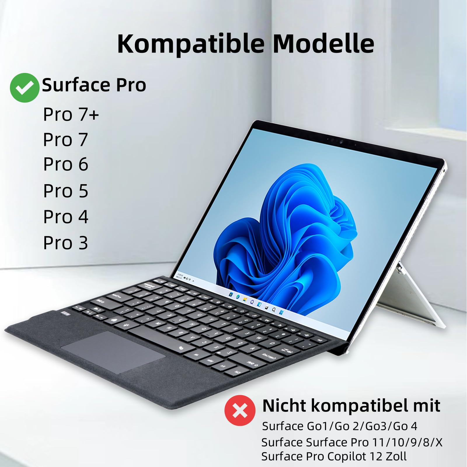Deutsche QWERTZ Layout Tastatur für Microsoft Surface Pro 7+/7/6/5/4/3, 12.3 Zoll - Ultraflaches, Bluetooth Type Cover mit Multi-Touchpad, aufladbar (Schwarz ohne Beleuchtung) - 2