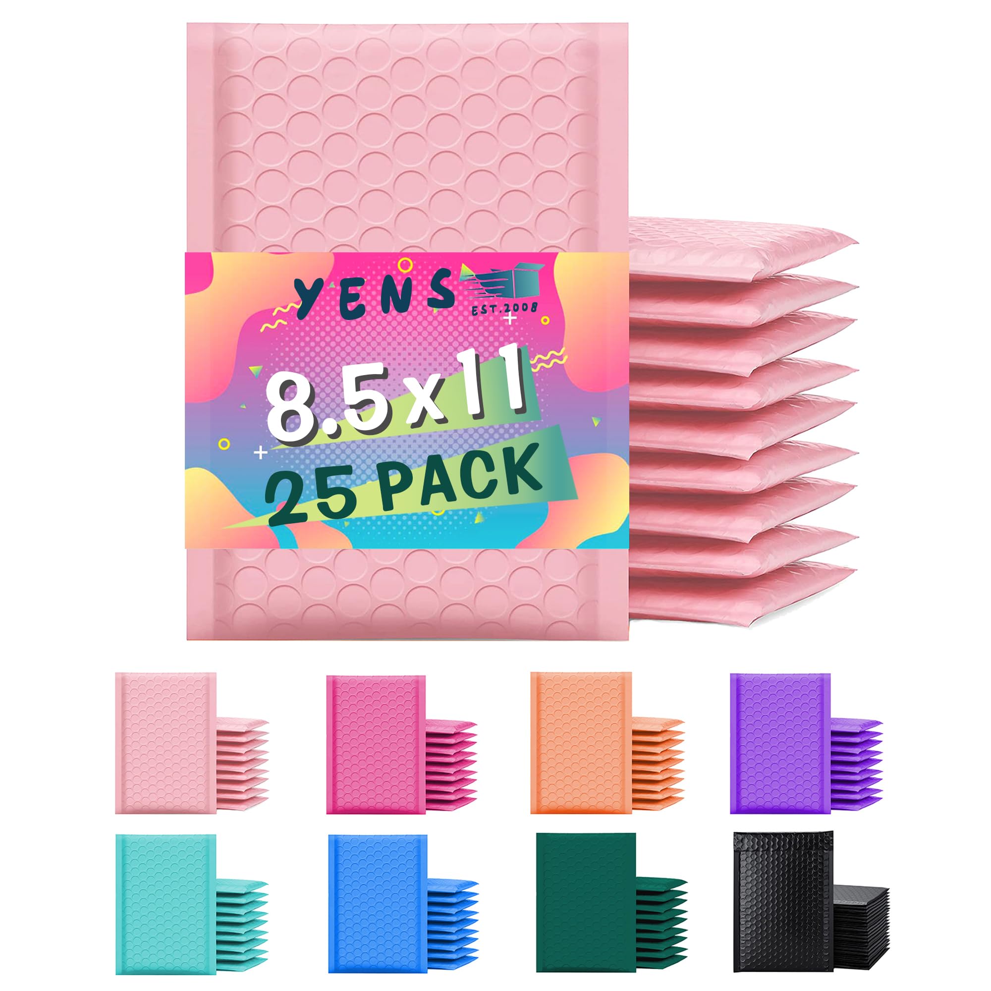Yens Sobres de burbujas de polietileno #2 (8.5 x 11), paquete de 25 bolsas de envío autoadhesivas impermeables, sobres acolchados para envío, correo, embalaje (25 unidades #2 rosa claro)