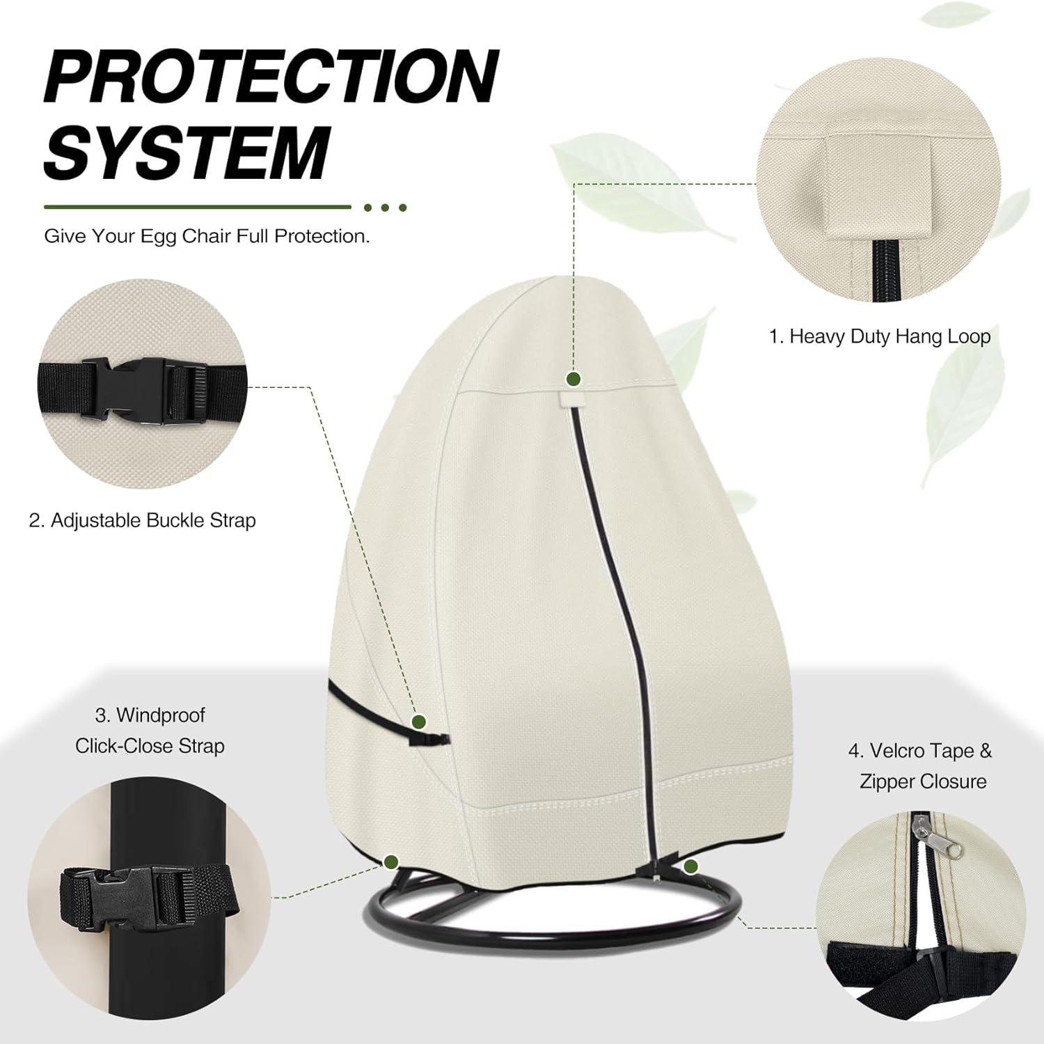 Porch Shield Patio Hanging Egg Chair Cover -600D Waterproof Outdoor Single Seat Wicker Swing Egg Chair with Stand Protector, Beige 3