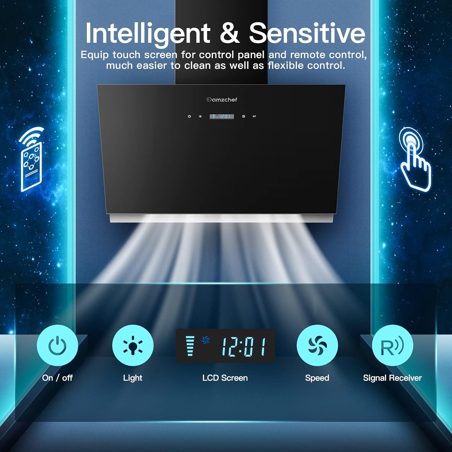Close-up of the cooker hood's touch screen control panel and remote control, showing icons for power, light, speed, and signal receiver