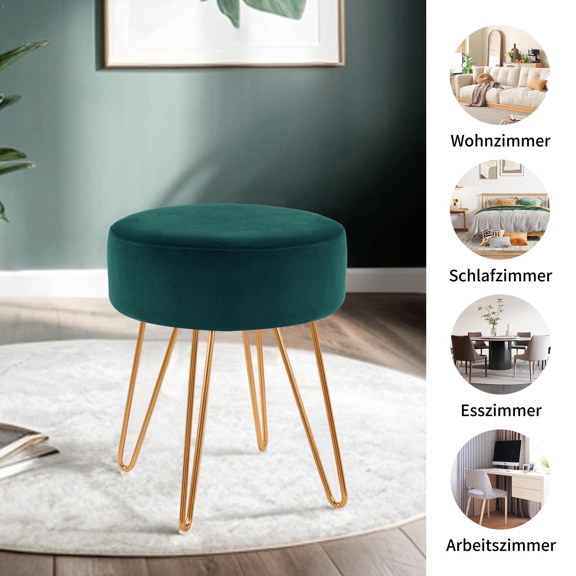 DUHOME Tabouret Ottomande en Velvet Chaise Coiffeuse Ronde avec Pieds Métalliques Pouf pour Salon Chambre, Vert Foncé