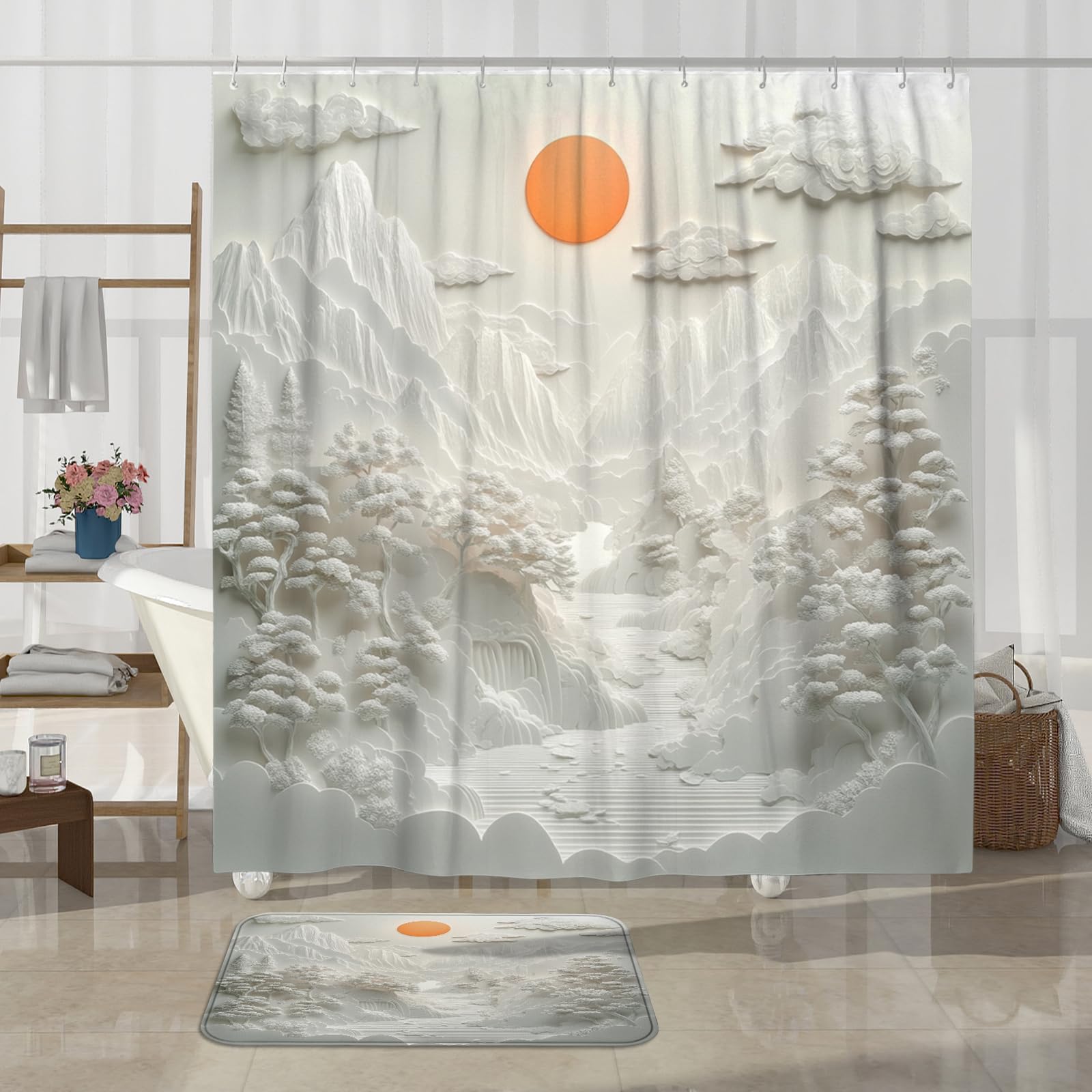 Lot de 4 rideaux de douche en forme de montagne avec tapis antidérapant, tapis en forme de U et tapis de couvercle de toilette, blanc 3D nature, ensemble d'accessoires de salle de bain, 183 x 183 cm