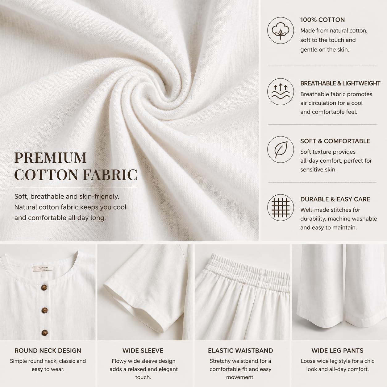 Completo Da Casa Da Donna Composto Da Due Pezzi: Top Con Bottoni Sul Davanti E Pantaloni A Gamba Larga. Outfit Casual, Vestibilità Ampia, In Cotone. Elegante, Leggero, Ideale Per Viaggi, Vacanze E