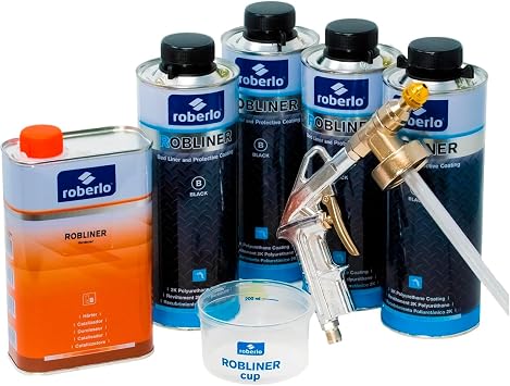 Roberlo Robliner Professional Truck Bed Liner Kit - 2K Polyurethane Protective Coating with Hardener, Spray Gun, Regulator & Mixing Cup, Durable Textured Black Finish - 4 Quarts