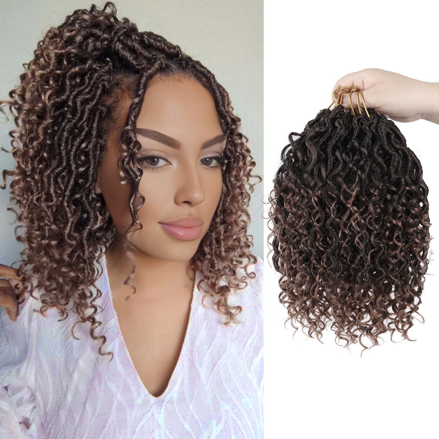 Vemet Goddess Locs Crochet Hair,8 Inch 9 Packs Faux Locs Synthetic Crochet Hair for Black Women, Boho Style Pre looped crochet Locs with Curly Ends