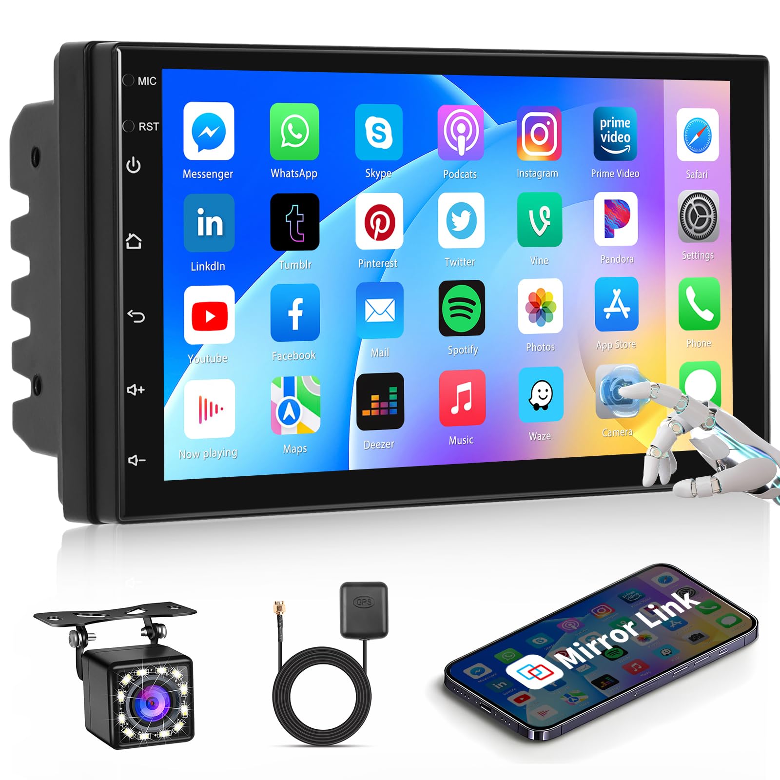 Inefala Double Din Android 15 Car Radio, 7 Inch IPS Touchscreen Car Stereo with Mirror Link WiFi GPS Navigation Bluetooth FM Radio EQ SWC AHD Backup