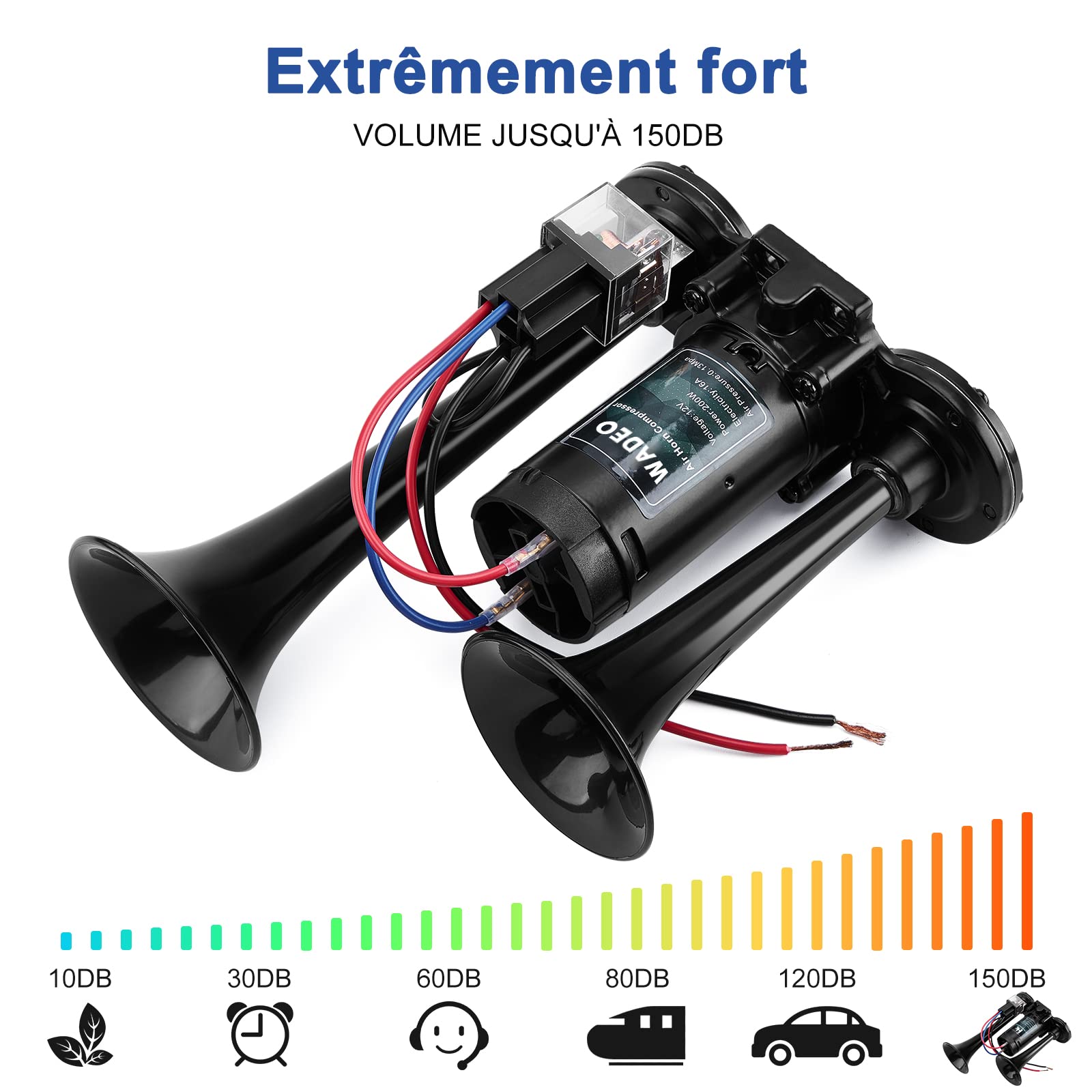 WADEO Klaxon à Air 12 V 118 dB pour Camion, Kit de Klaxon à Air Double Trompette Super Puissant avec Compresseur pour Tous les Véhicules 12 V, Camions, Trains, Bateaux, Voitures, Camionnettes (Noir)