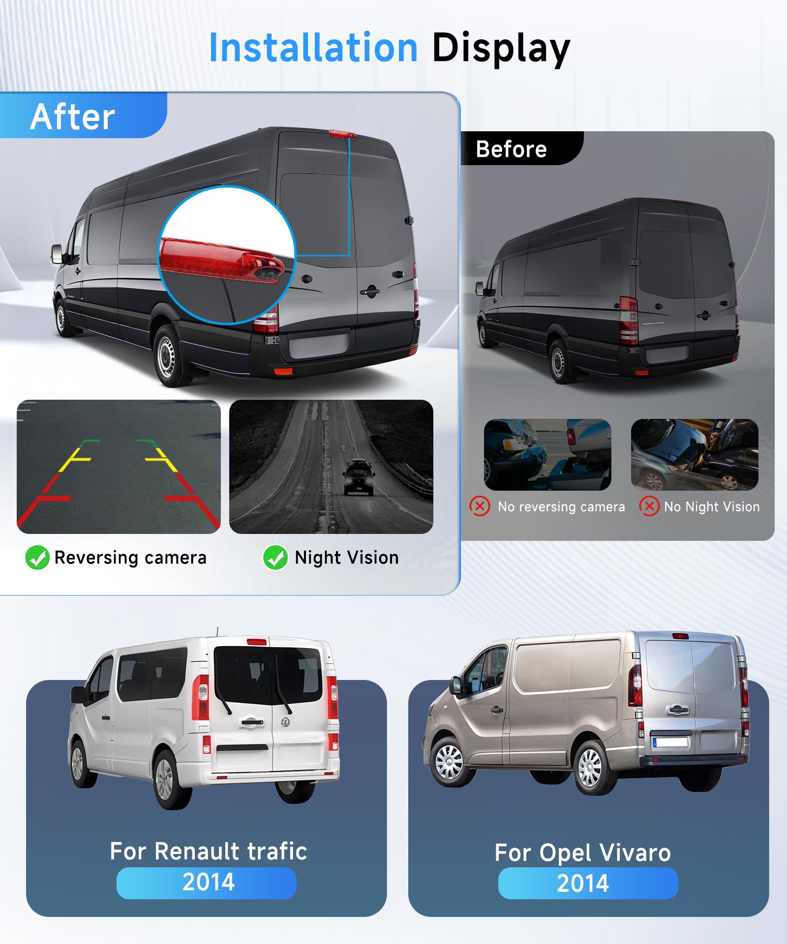 Hodozzy Caméra de Recul pour Renault trafic 2014/Opel Vivaro 2014,Caméra de Troisième Feu Stop de Voiture,Vision Nocturne IR, Etanche IP67,Angle Réglable,avec Ligne Inversée
