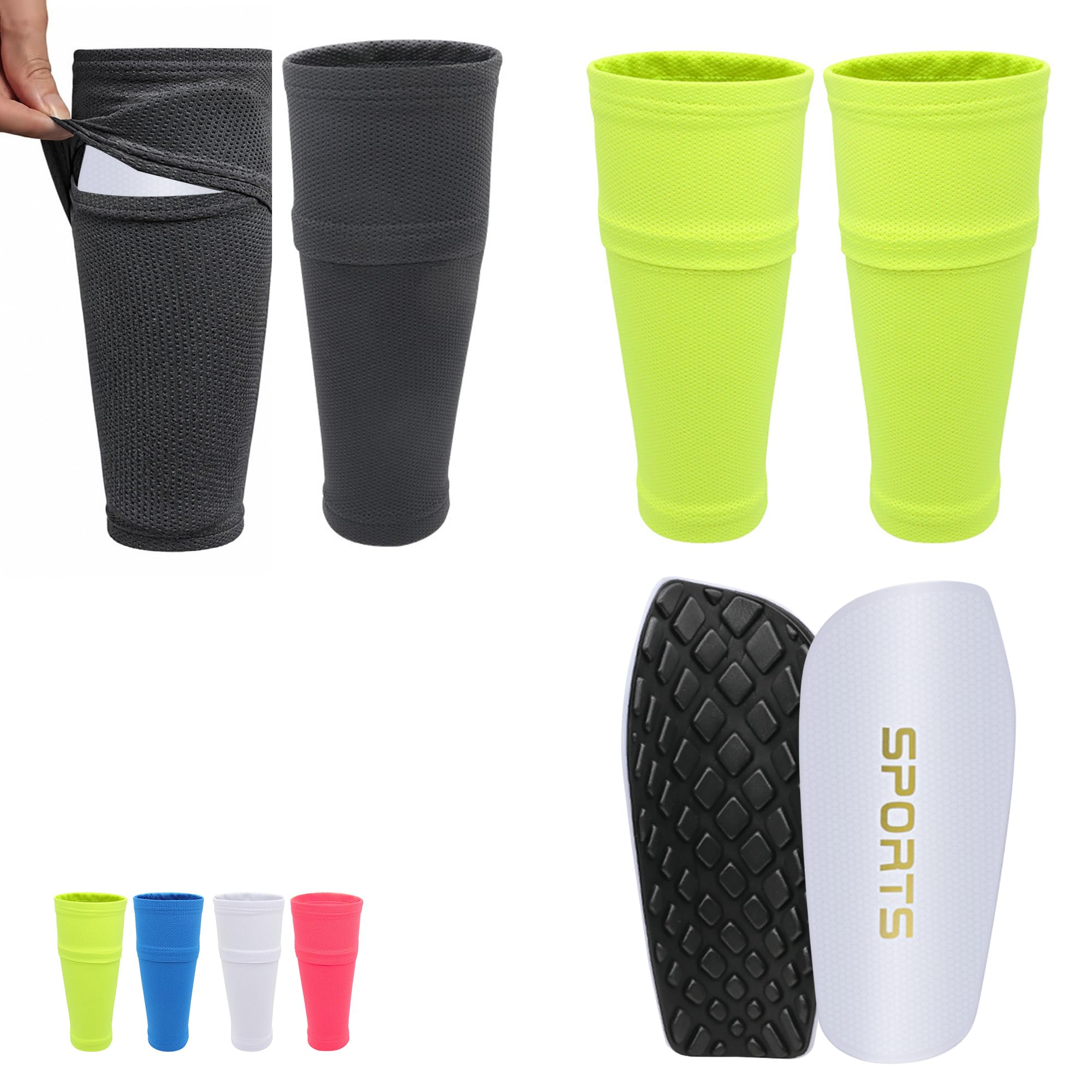2 Pairs Shin Pad Sleeves with 1 Pair Insertable Football Shin Pads