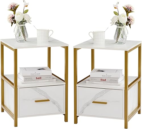 Miniatura 1 de Javlergo (juego de 2) mesita de noche con 1 cajón, mesa auxiliar cuadrada moderna para dormitorio, sala de estar, color dorado