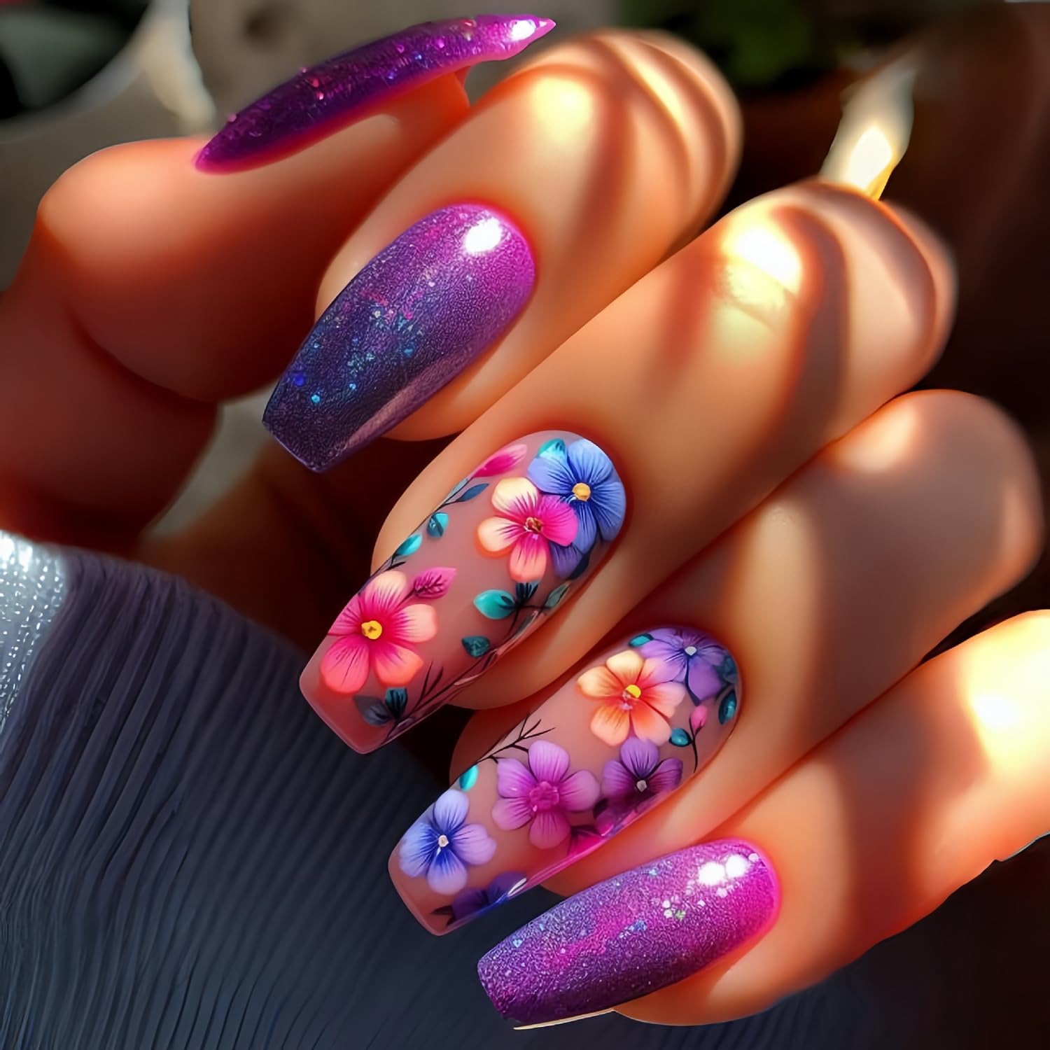 Press on Nails Medium Length Colorful Flower Pattern Design Coffin Nails Purple Glitter Powder False Nails Full Cover Spring Floral Fake Nails