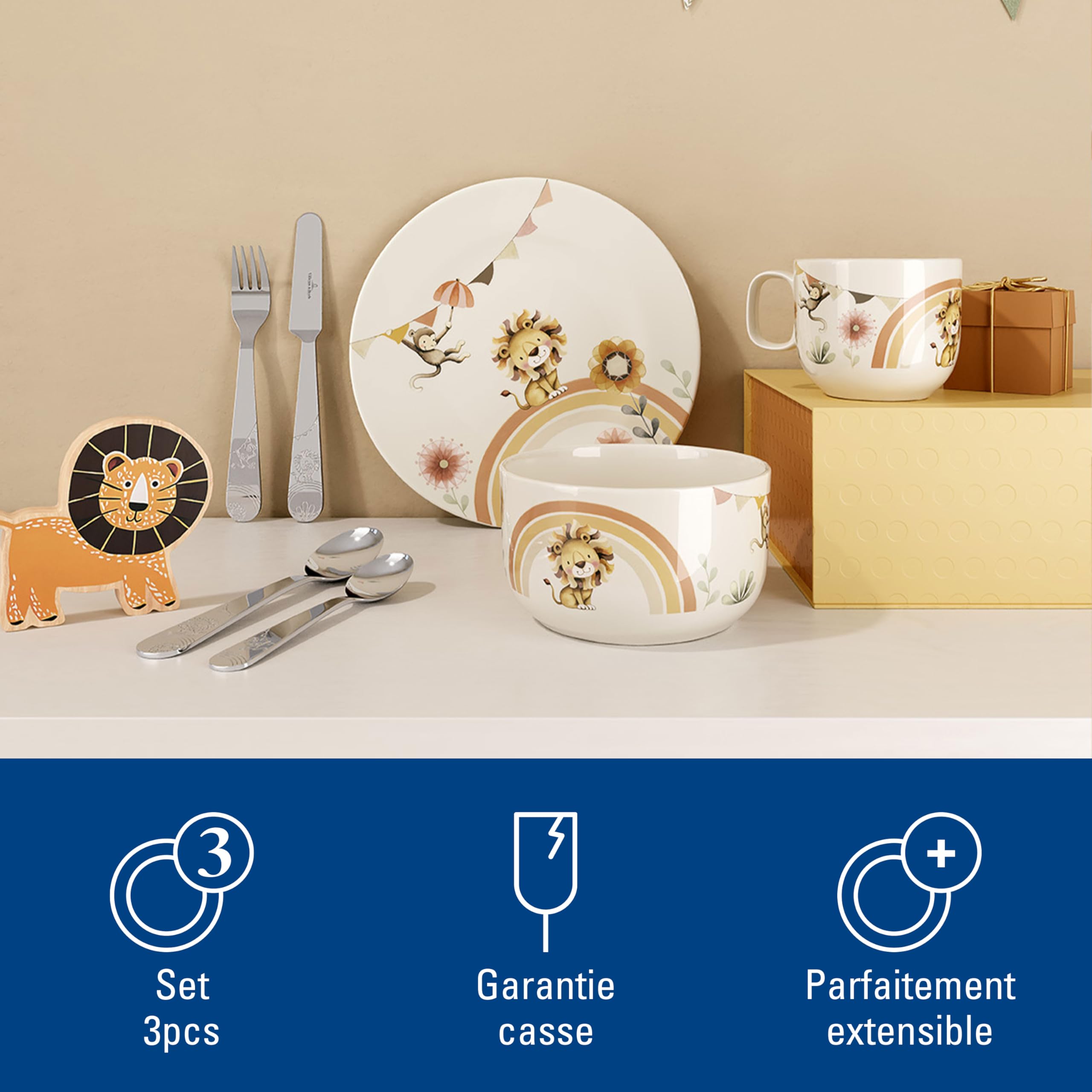 Villeroy & Boch - Boho kids Roar like a lion Ensemble de vaisselle pour enfants 3 pièces, Vaisselle en porcelaine et couverts en acier inoxydable, Lavable au lave-vaisselle, Compatible micro-ondes