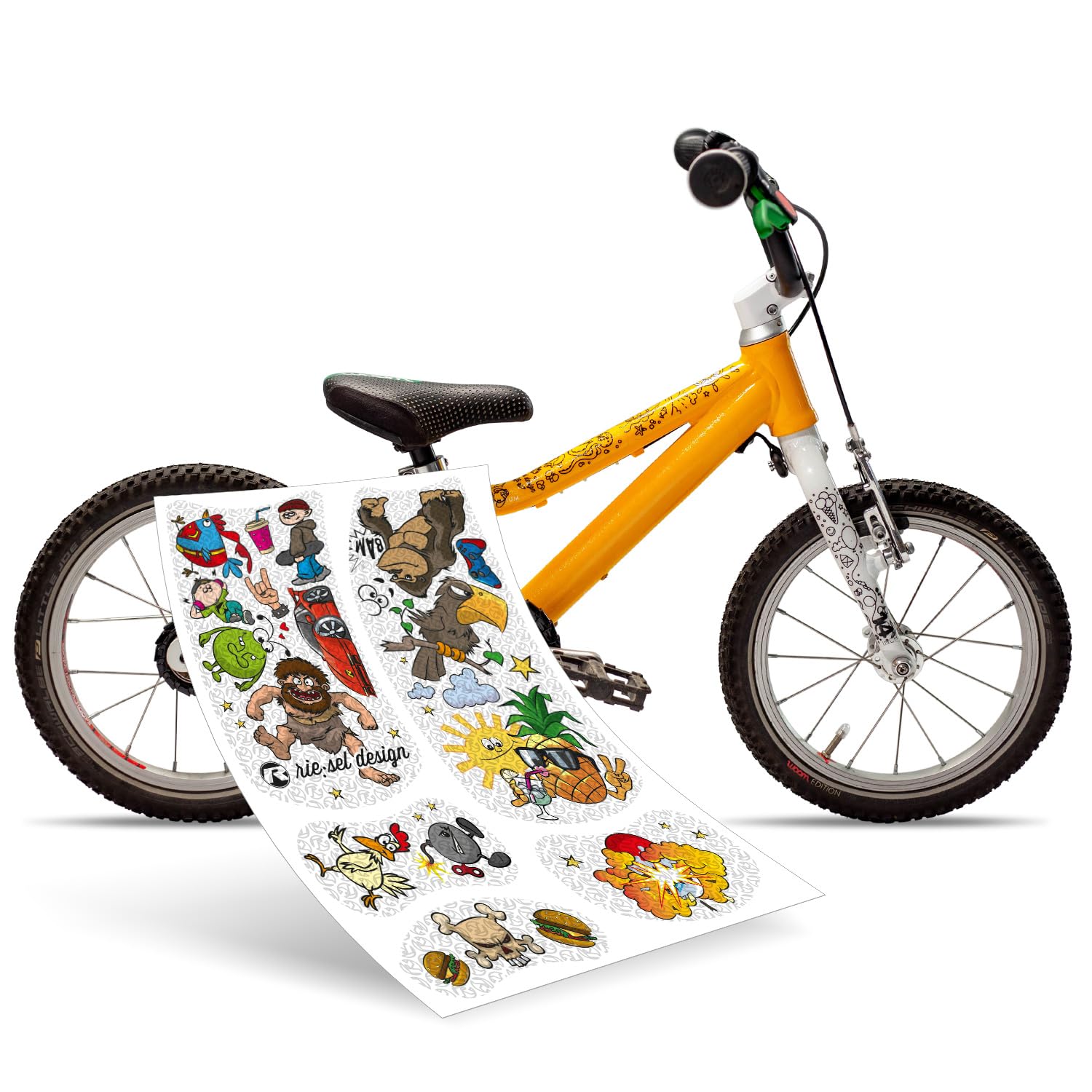Riesel Design® - Set bestehend aus Schutzblechen für vorn und hinten für Kinderfahrrad und Rahmenschutz Folie - 14-18 Zoll (Kiddo stickerbomb Set)