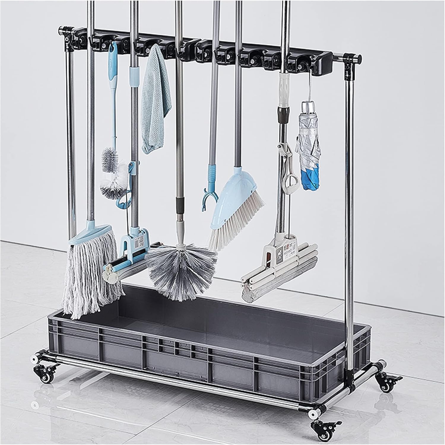ASerZenith Movable Mop Broom Holder Utility Floor Standing Cleaning Tool Cart,Housekeeping Supplies, Commercial Mop Drain Rack,Umbrella Stand,House,Hotel,Garden,Garage Tool Organization,20Slots