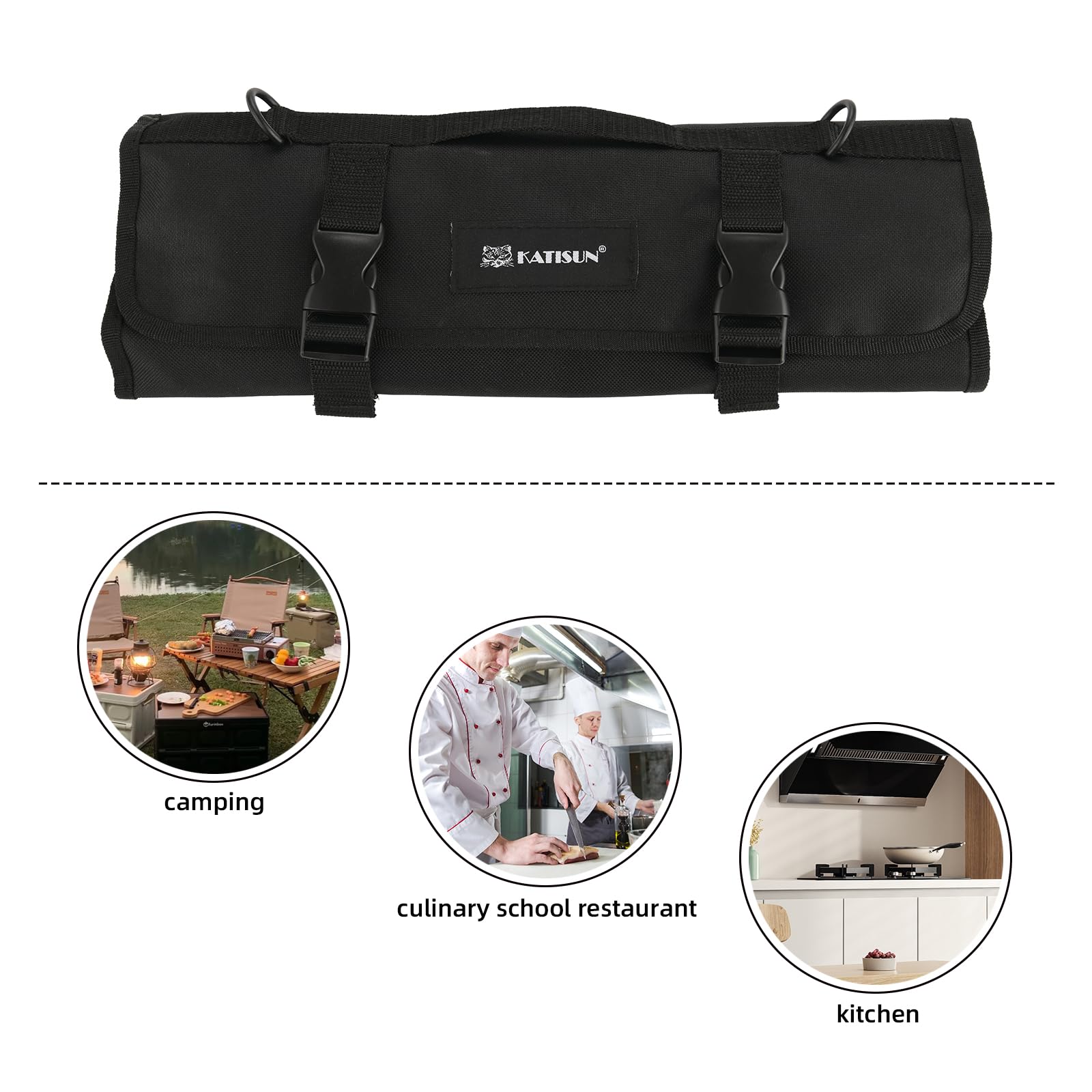 portátil Oxford cuchillo bolsa, 9 ranuras cuchillo y tenedor herramienta rollo bolsa, los cuchillos son Japón 420j2 acero, afilado y duradero