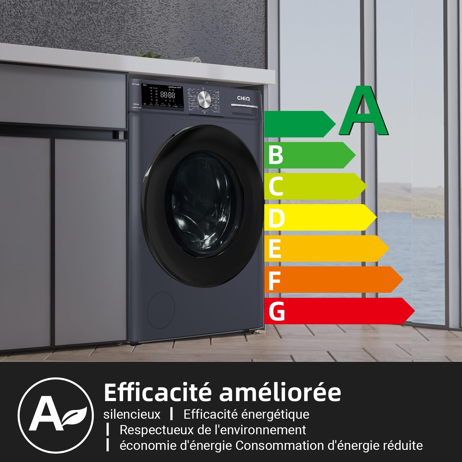 CHiQ Lave-linge CFL80-14586IM3XA 8 kg 1400 tr/min Classe A-15% Moteur Inverter stable Programme intelligent IA Fonction vapeur Gris
