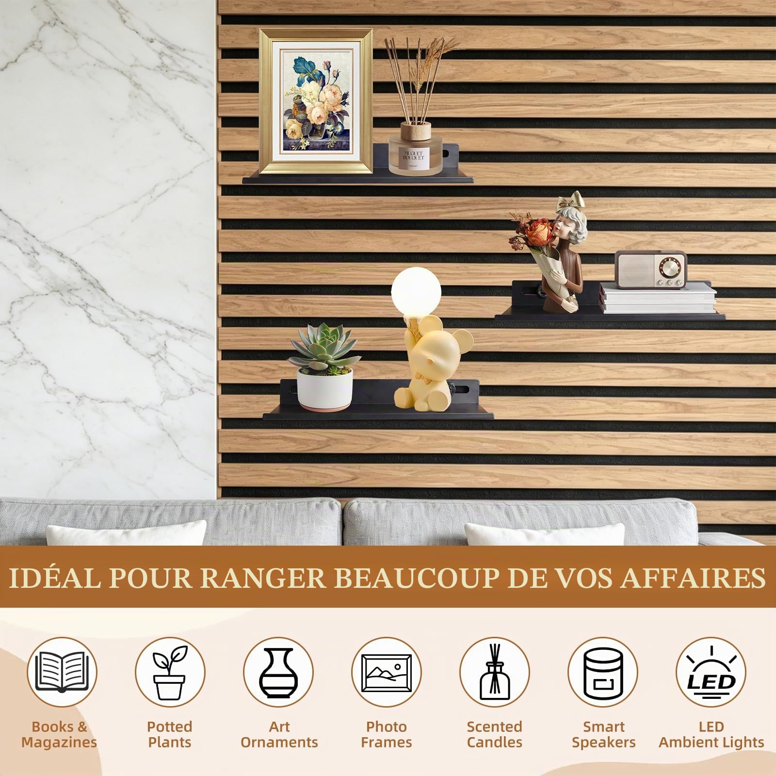 Étagère pour Panneaux Acoustiques sans Perçage 30 x 15cm | En métal Noir Accessoires de Panneaux Acoustiques, Panneau Acoustique Etagere pour Salon Chambre à Coucher, Bureau, Cuisine