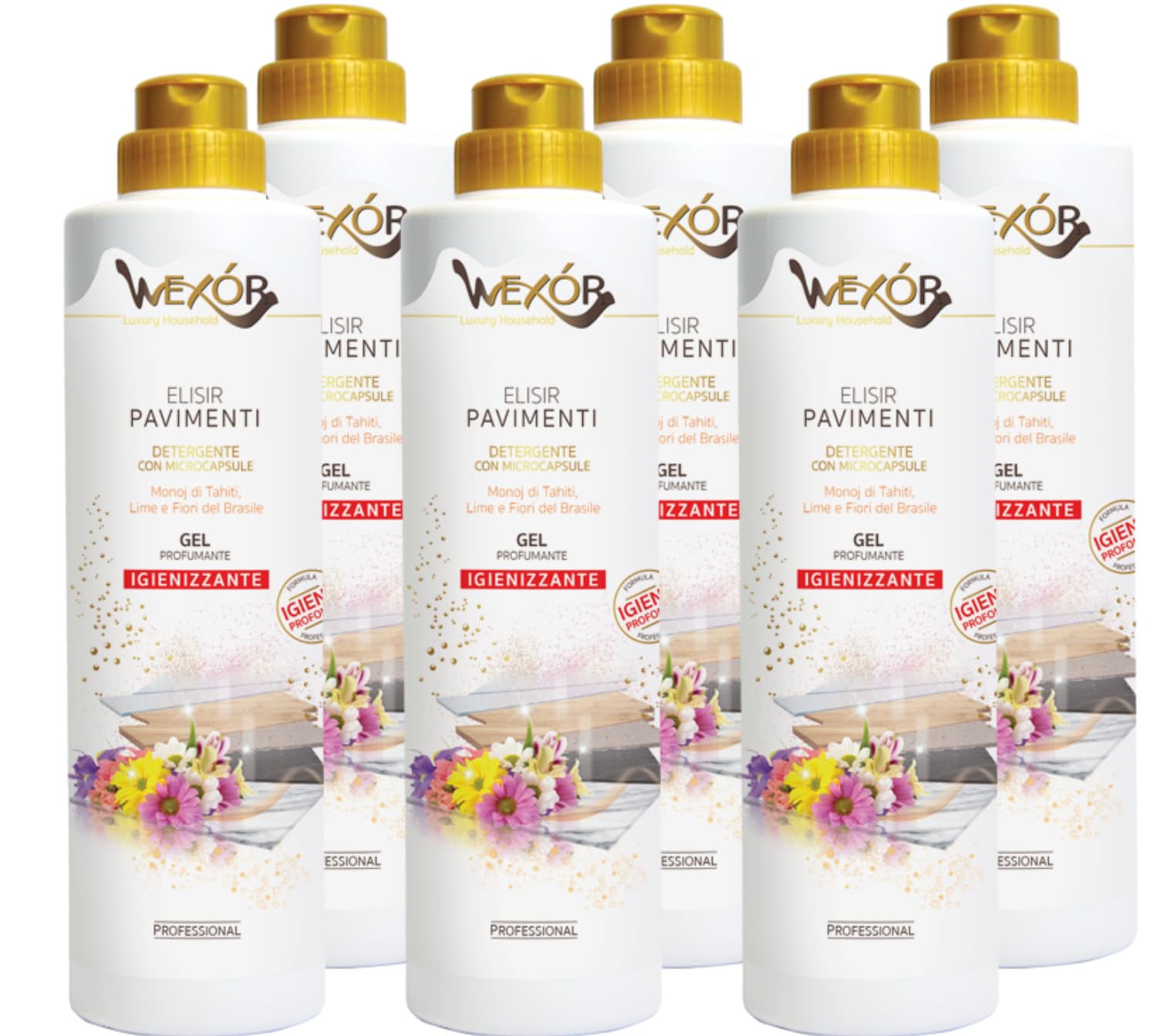 Detergente Elisir Pavimenti In Gel Igienizzante con Microcapsule, Monoi di Tahiti Lime e Fiori del Brasile, Profumato, 750ml (750ml (6 unita))