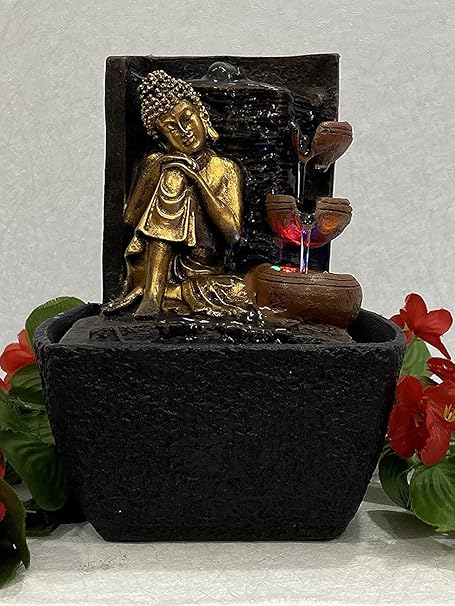 Global Grabbers Polyresin Table Top Indoor Outdoor Water Fall Fountain with LED Lights Home Decor Decoration Gift Gifting Items-GOL_BRO-SF23-(000)