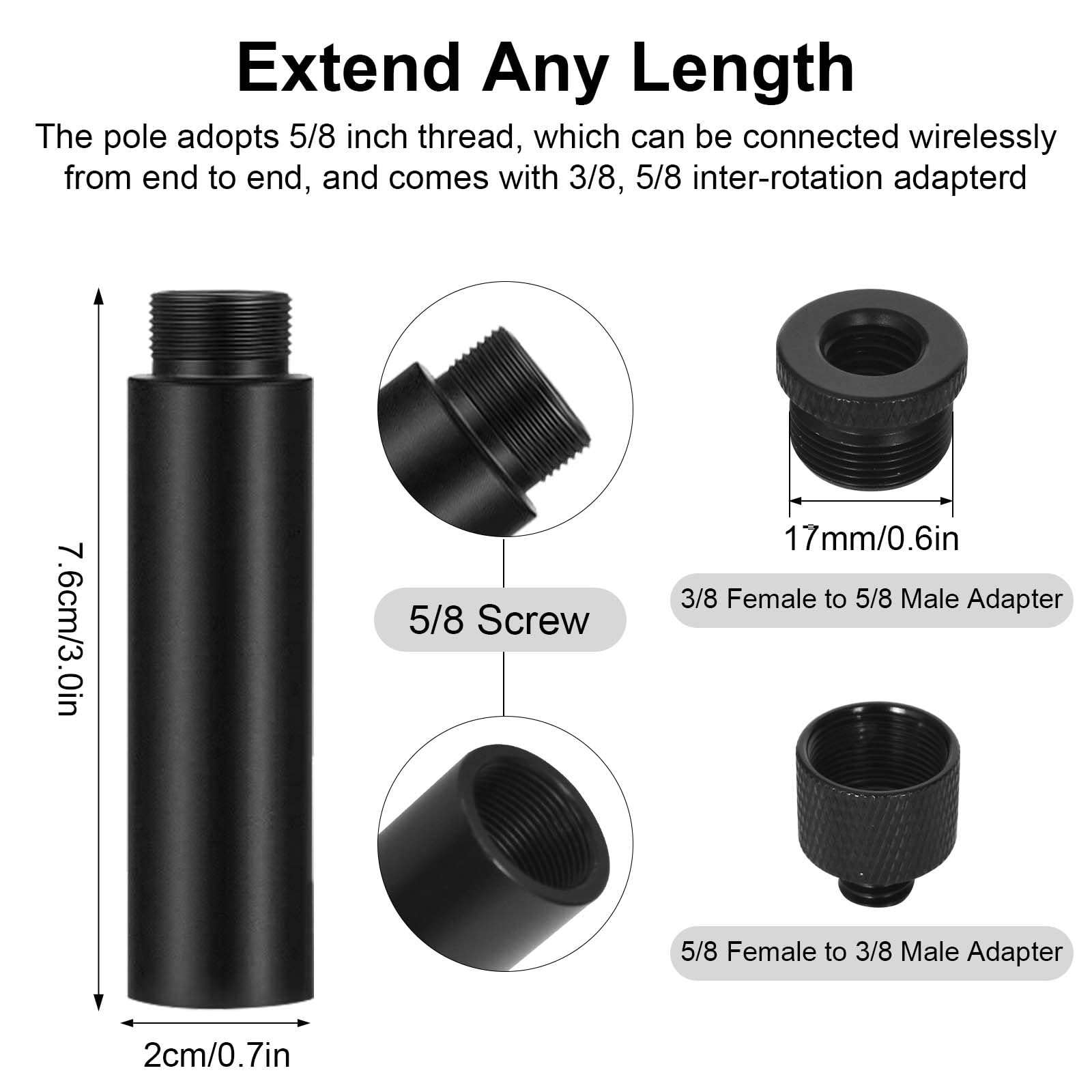 4pcs Microphone Extension Tubes and 4pcs Mic Thread Adapter (3/8 Female to 5/8 Male and 5/8 Female to 3/8 Male) - Image 2