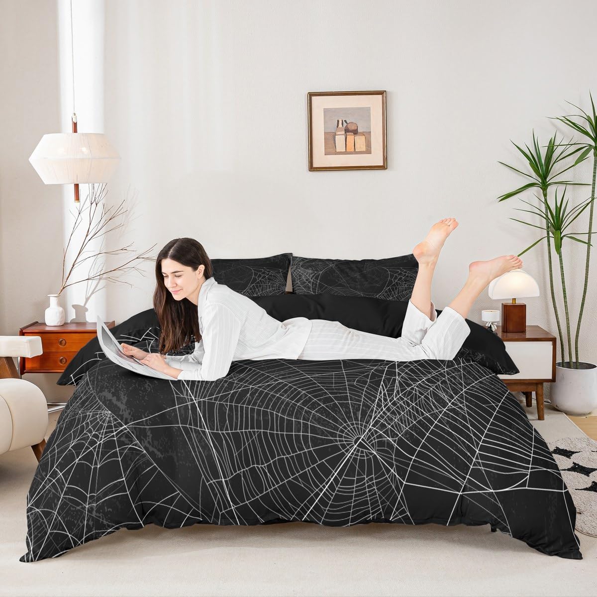 Castle Fairy Spider Web Bedding Set,Black and White Duvet Cover for Kids Teen Boys Girls,Spider Comforter Cover Decorative Room,Halloween Theme Quilt Cover with 2 Pillowcases,King Size(No Comforter)