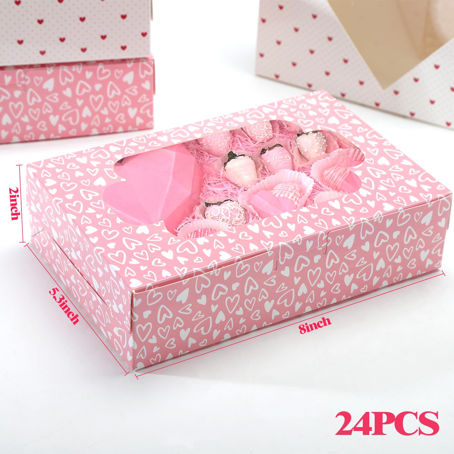 Bssay 24 Pack Cookie Boxes, 8x5.3x2 inches Valentine's Treat Boxes With Window for Desserts, Pastries, Cakes, Muffins, Donut, Chocolate, Strawberry and Valentine's Day (White Love)
