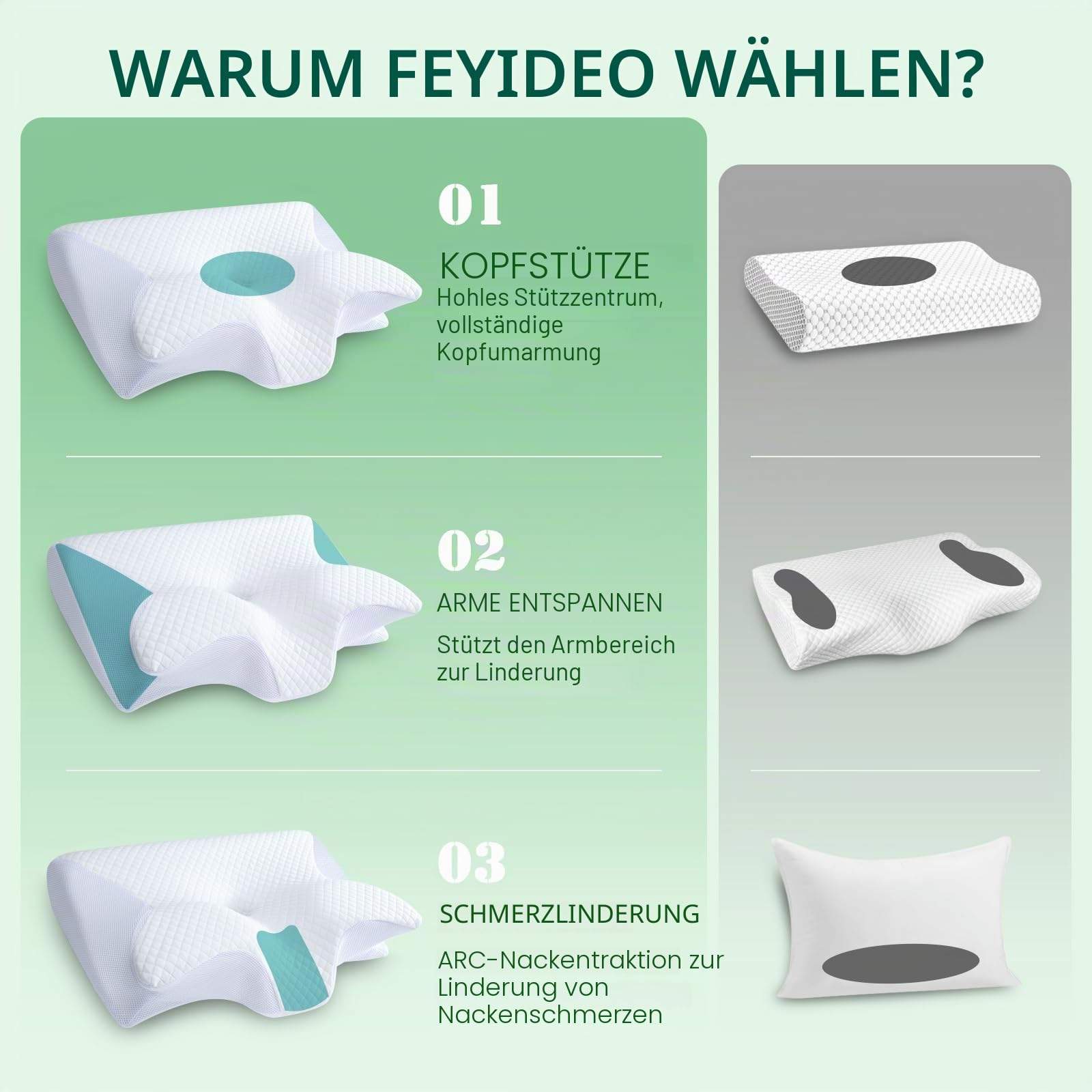 Nackenkissen 2 in 1 Memory Foam Kissen 60x40x12/14cm Weiß | Ergonomisches Nackenstützkissen für Rücken-, Seiten- und Bauchschläfer, Waschbarer und Abnehmbarer Kissenbezug