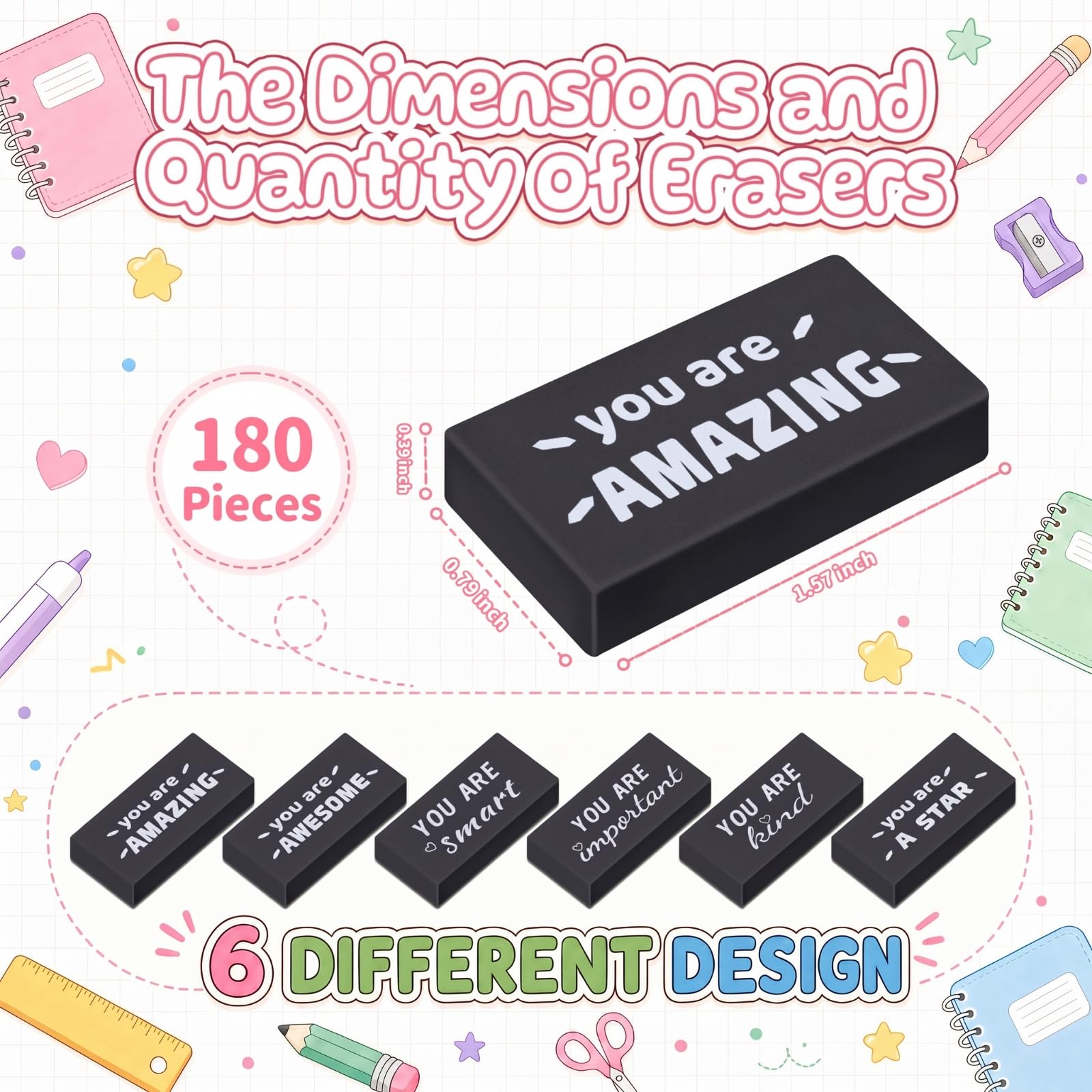 Resurhang Lot de 180 gommes inspirantes en vrac pour enfants - Pour dessin - Fournitures scolaires pour salles de classe, rentrée scolaire - Noir