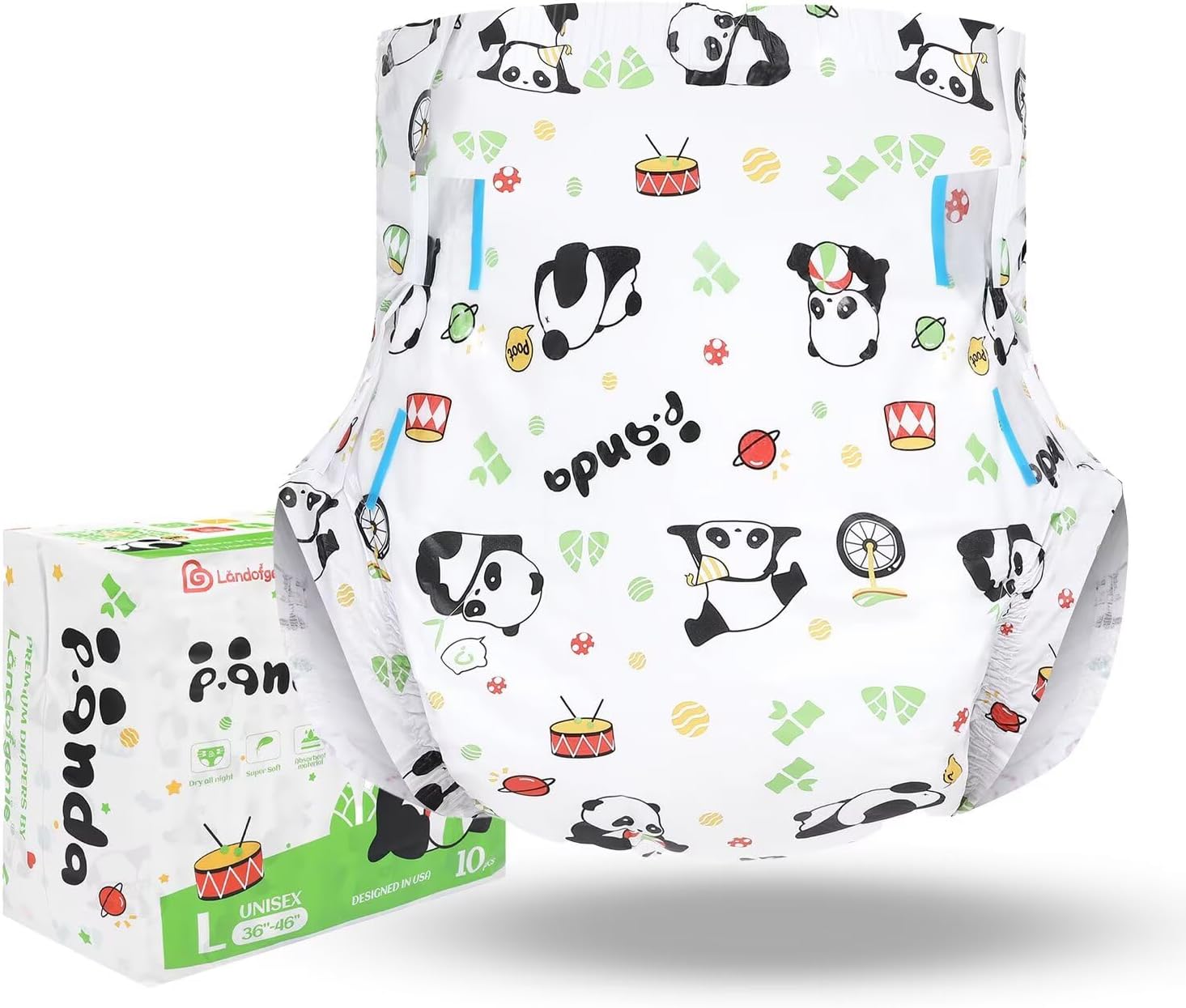 Landofgenie Adult Diapers Panda Printed Diaper Incontinence Underwear Maximum Overnight Absorbency Diapers with Tabs 10 Pieces(Large 36"- 46")